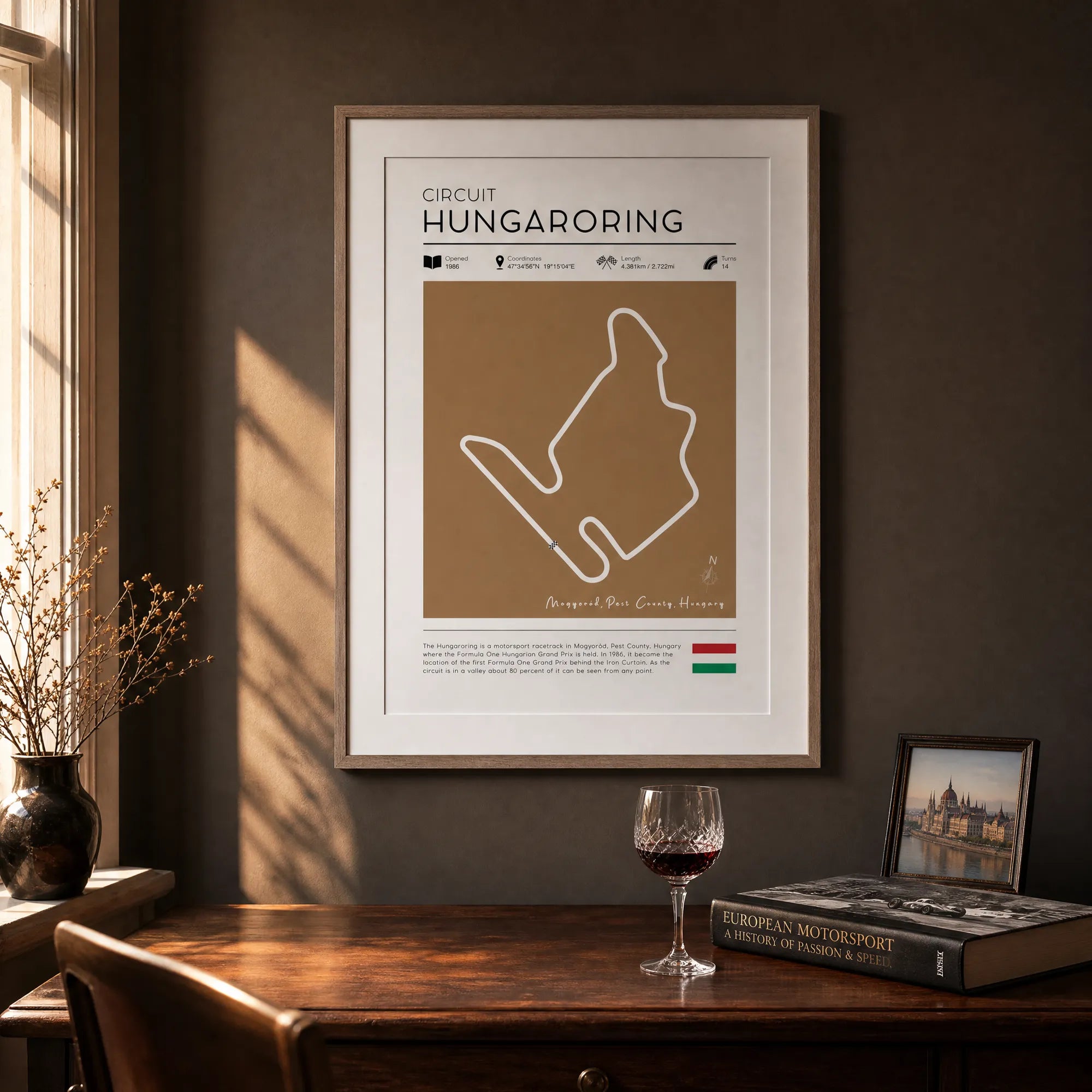 F1 track wall art Hungaroring vintage poster above timber desk with motorsport book and Budapest cityscape