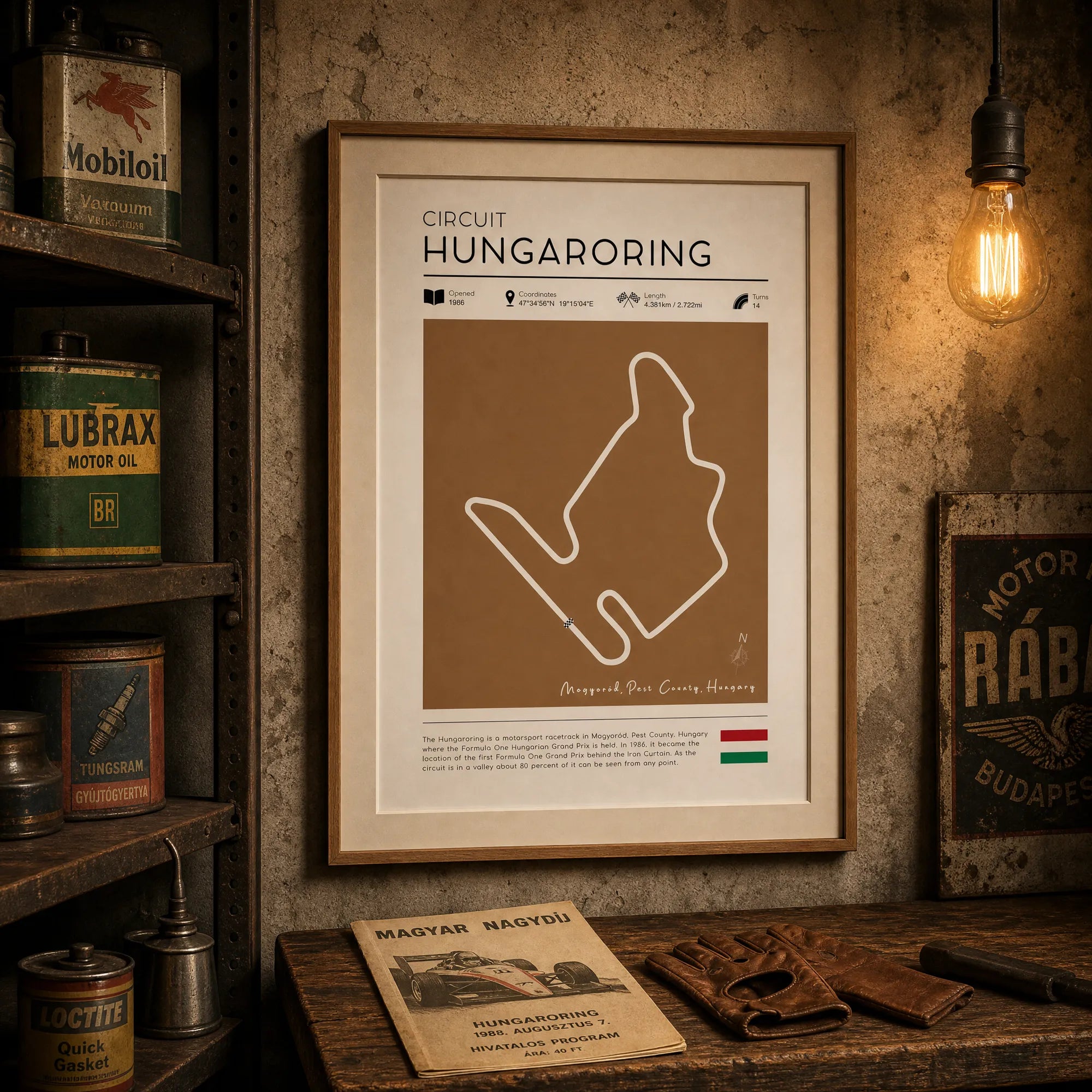 Vintage formula 1 poster Hungaroring circuit black frame in workshop with racing gloves and period programme