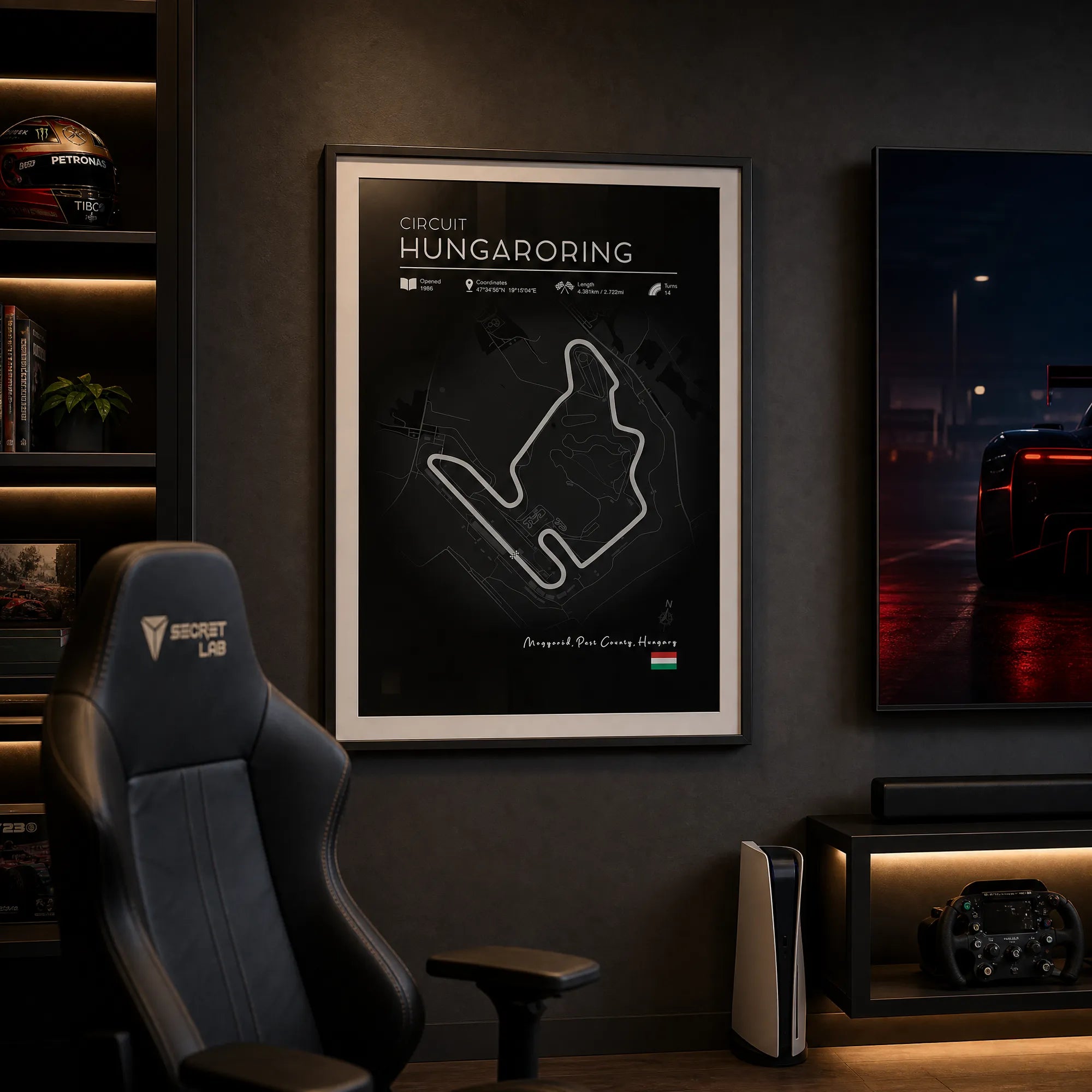 Formula 1 wall art Hungaroring black edition circuit poster dark frame in premium games room with ambient lighting
