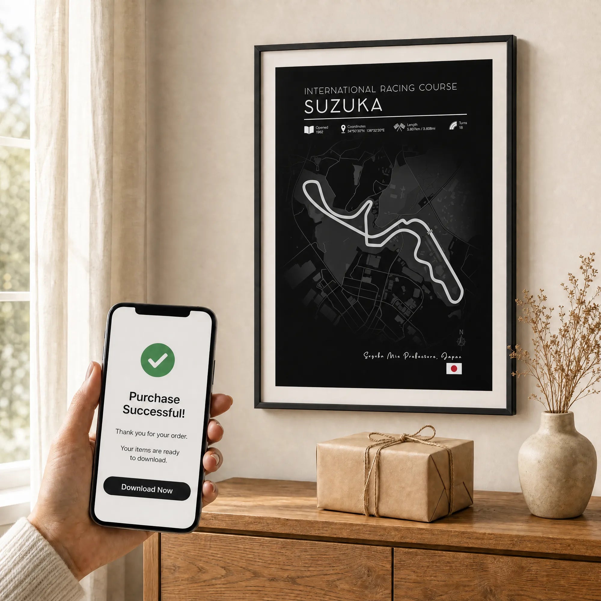 F1 gifts for him black edition circuit poster dark frame on white wall with kraft gift box and phone