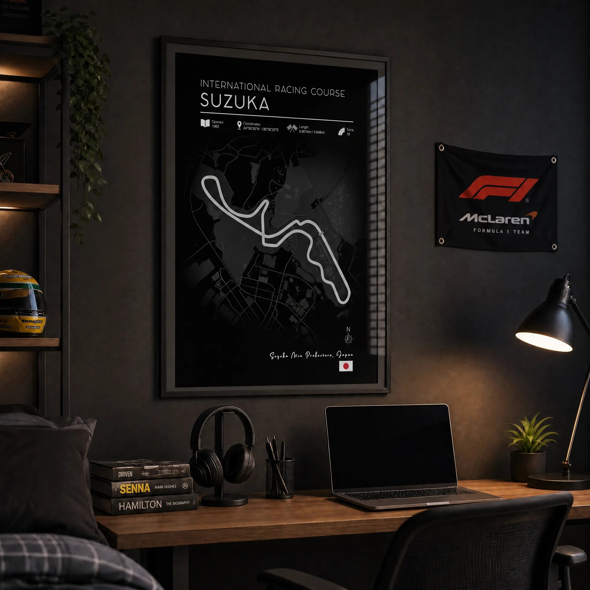 Black edition Suzuka F1 race track poster, high-contrast motorsport wall art