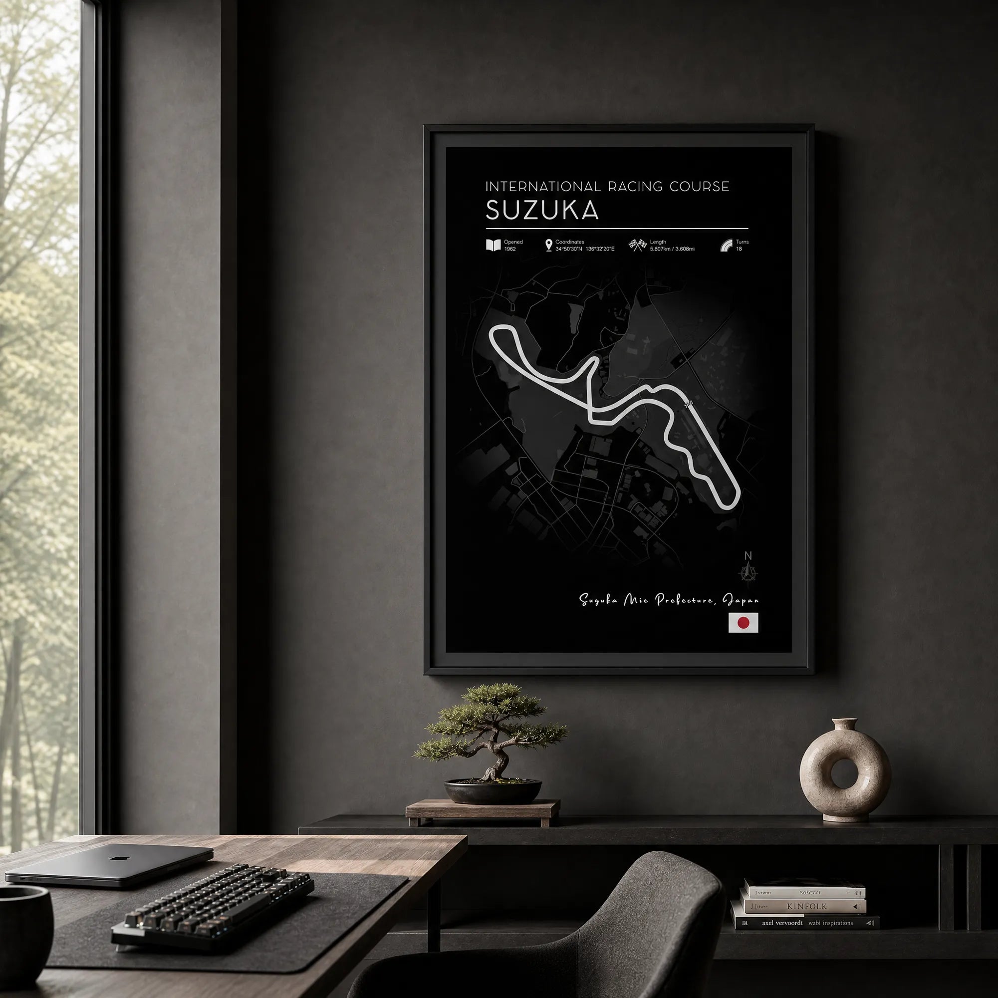 Black edition Suzuka F1 race track poster, high-contrast motorsport wall art