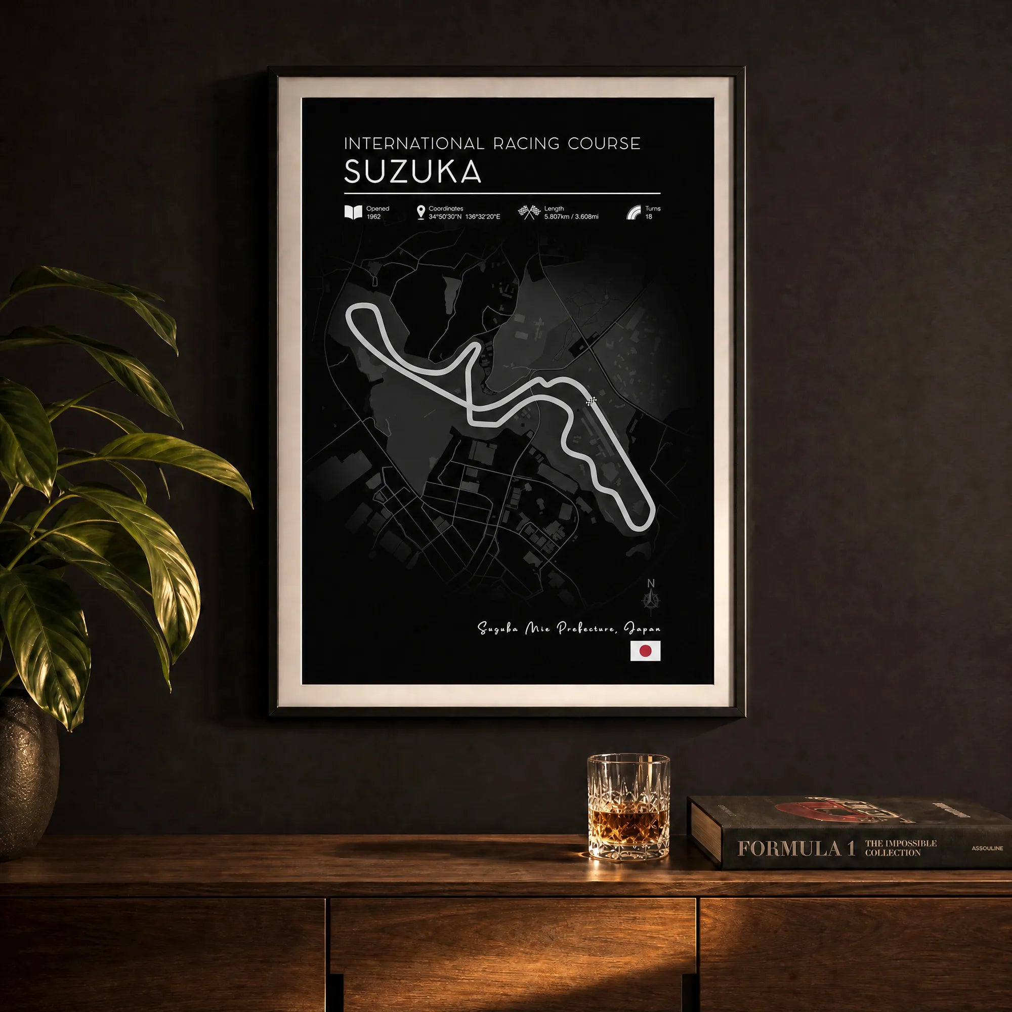 Suzuka circuit race track art displayed as black edition Formula 1 poster