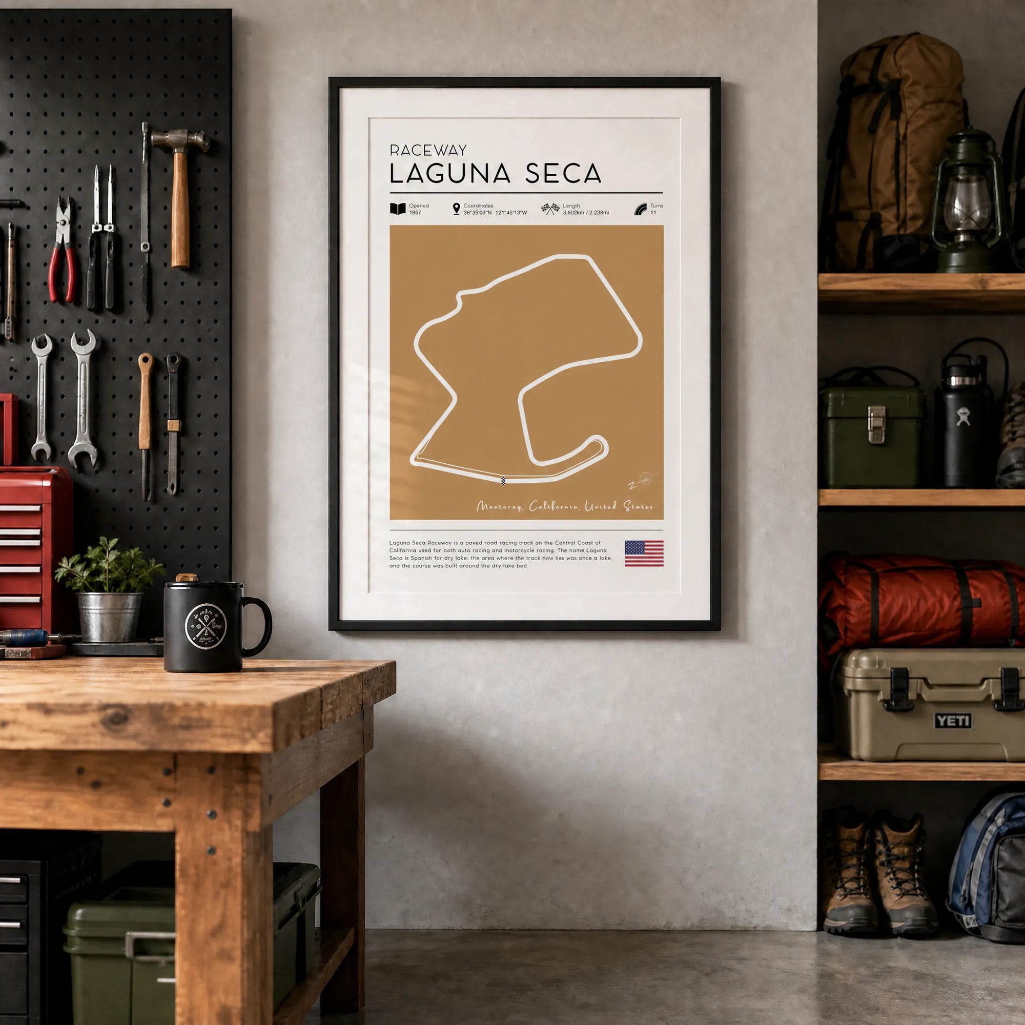 Laguna Seca race track art displayed as framed poster
