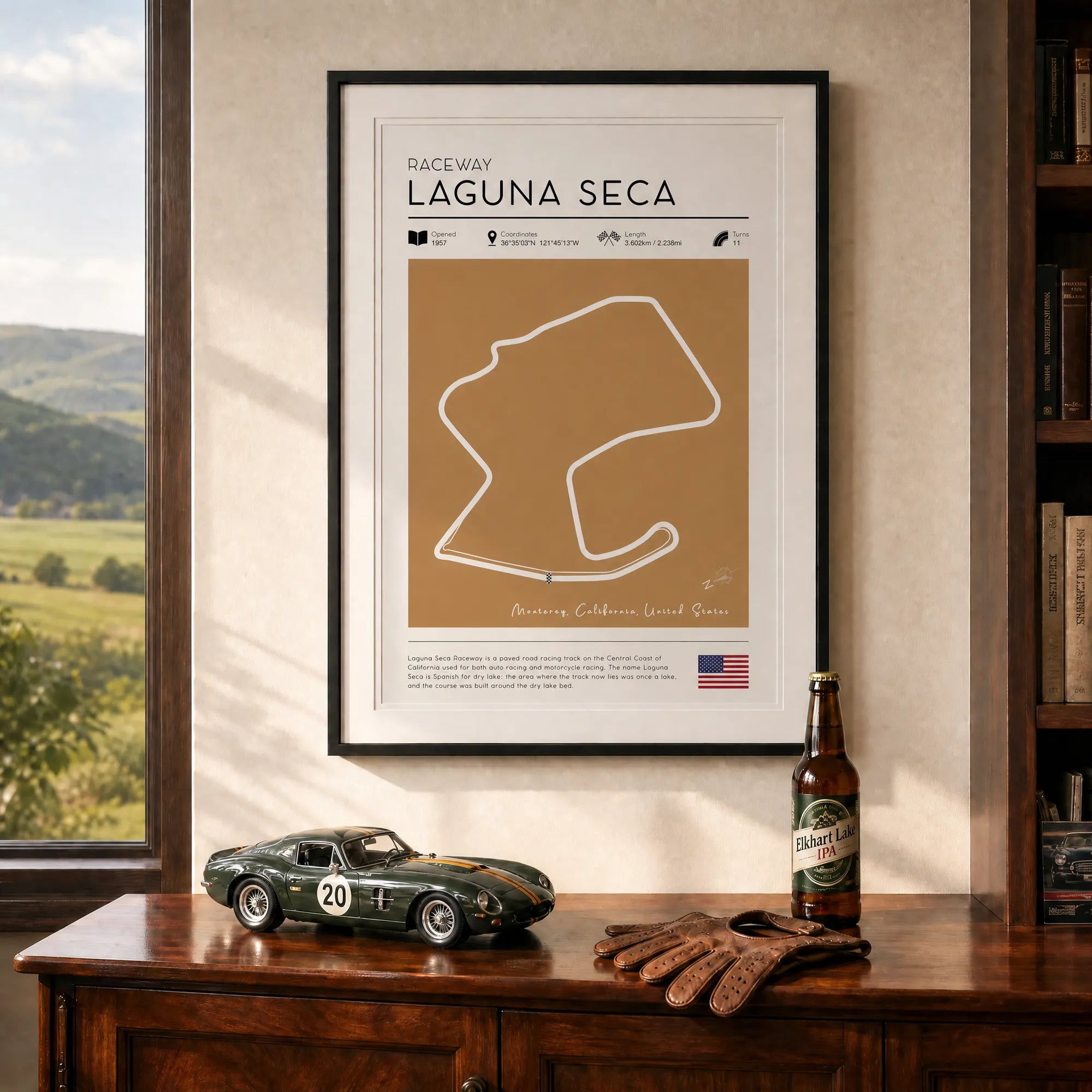 Vintage Laguna Seca race track poster, minimal motorsport wall art
