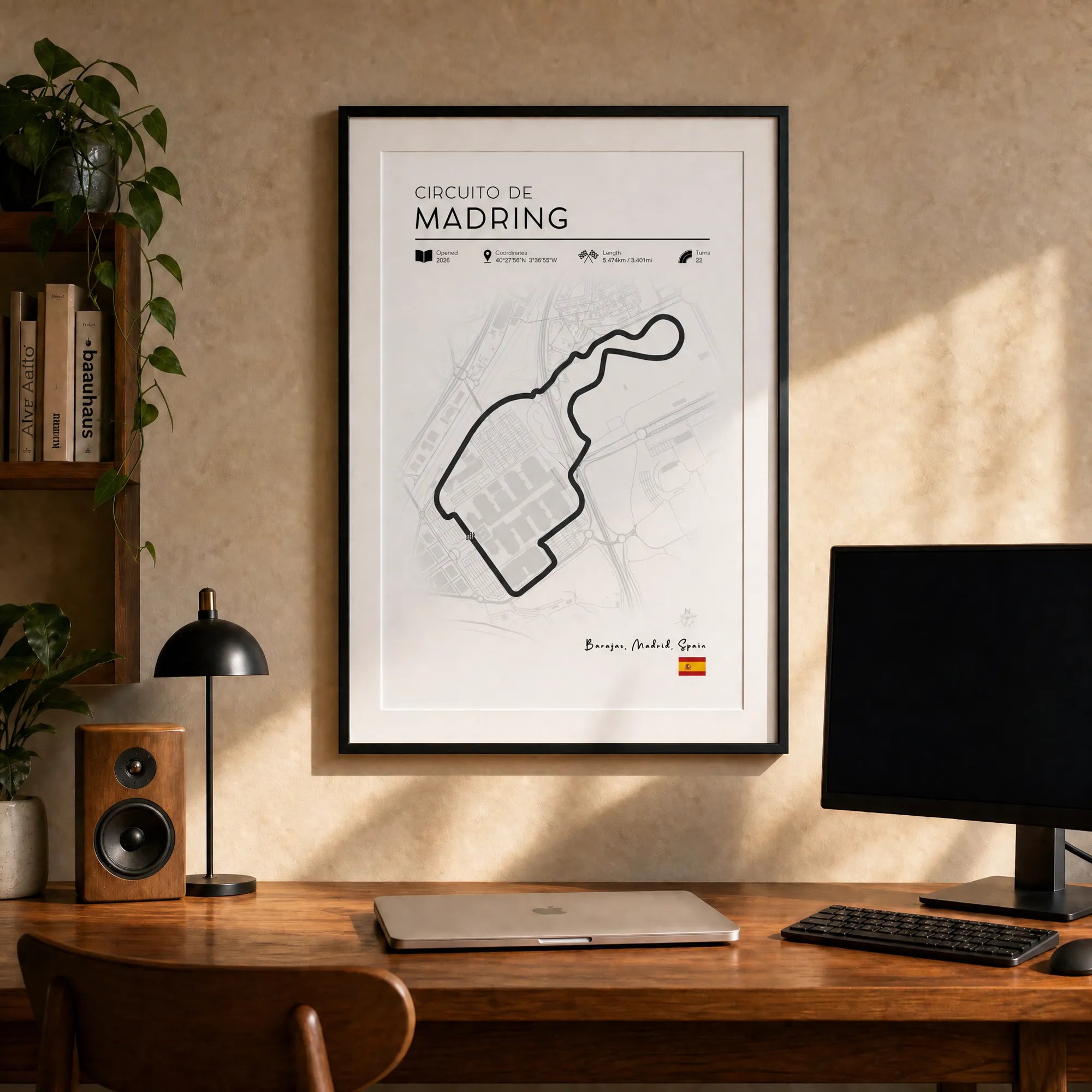 Circuito de Madring minimalist formula 1 wall art framed above desk, Spanish F1 poster in natural light interior