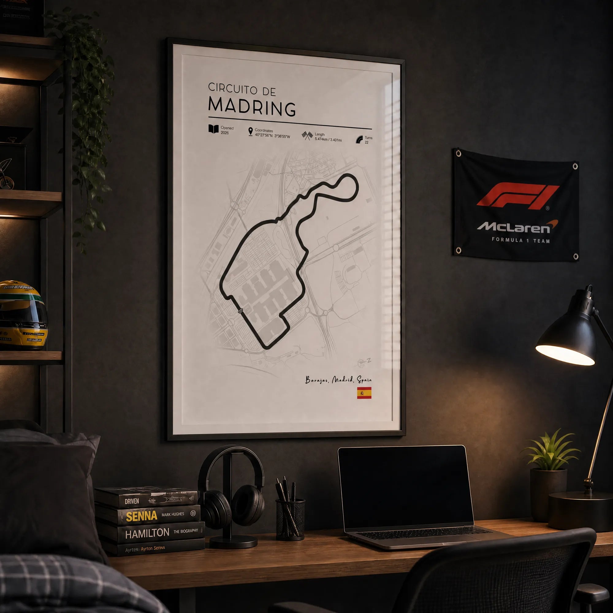 Madring circuit minimalist F1 poster framed in dark bedroom, Spanish Grand Prix race track wall art
