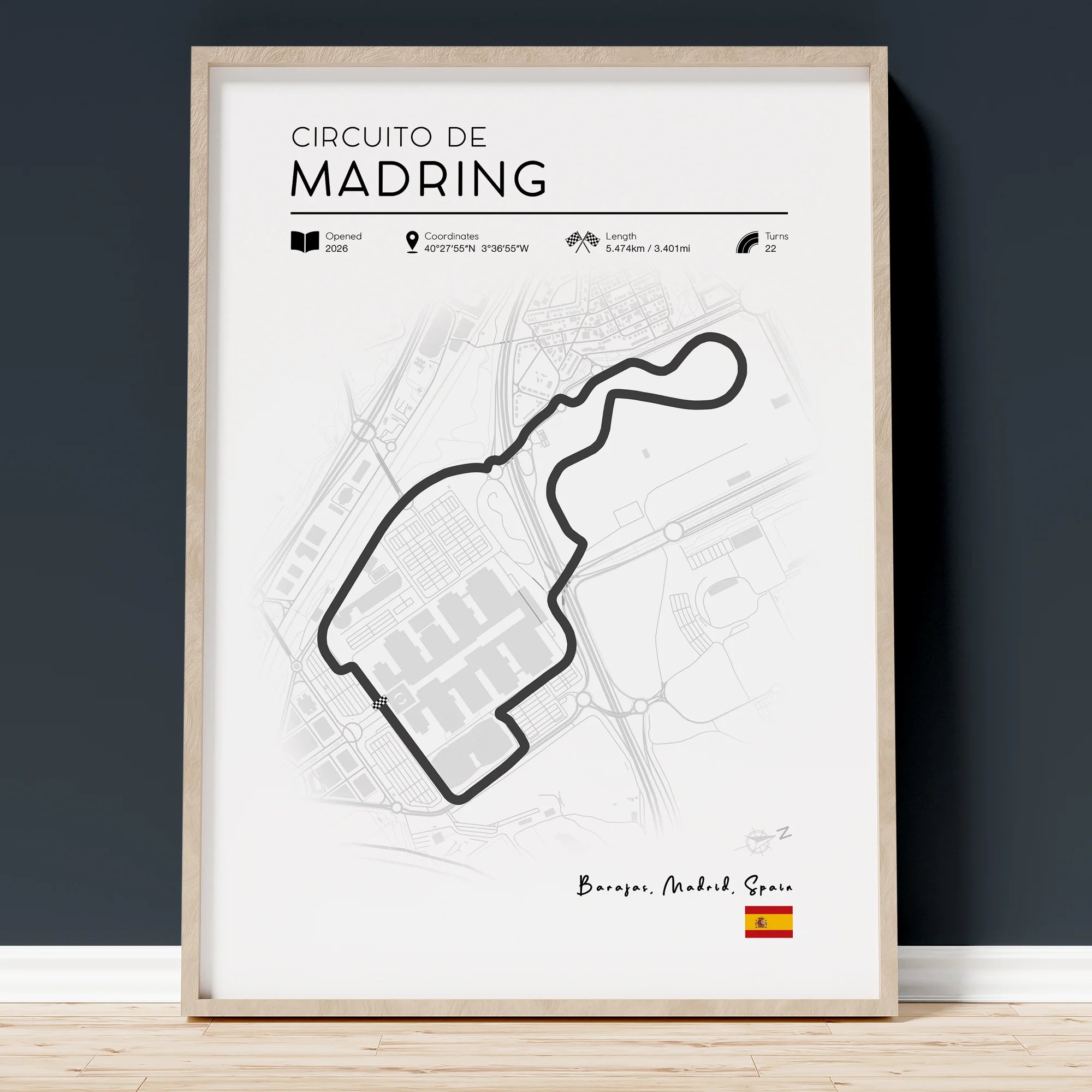 Minimalist Madrid F1 track poster showing Spanish Grand Prix street circuit layout in clean modern design