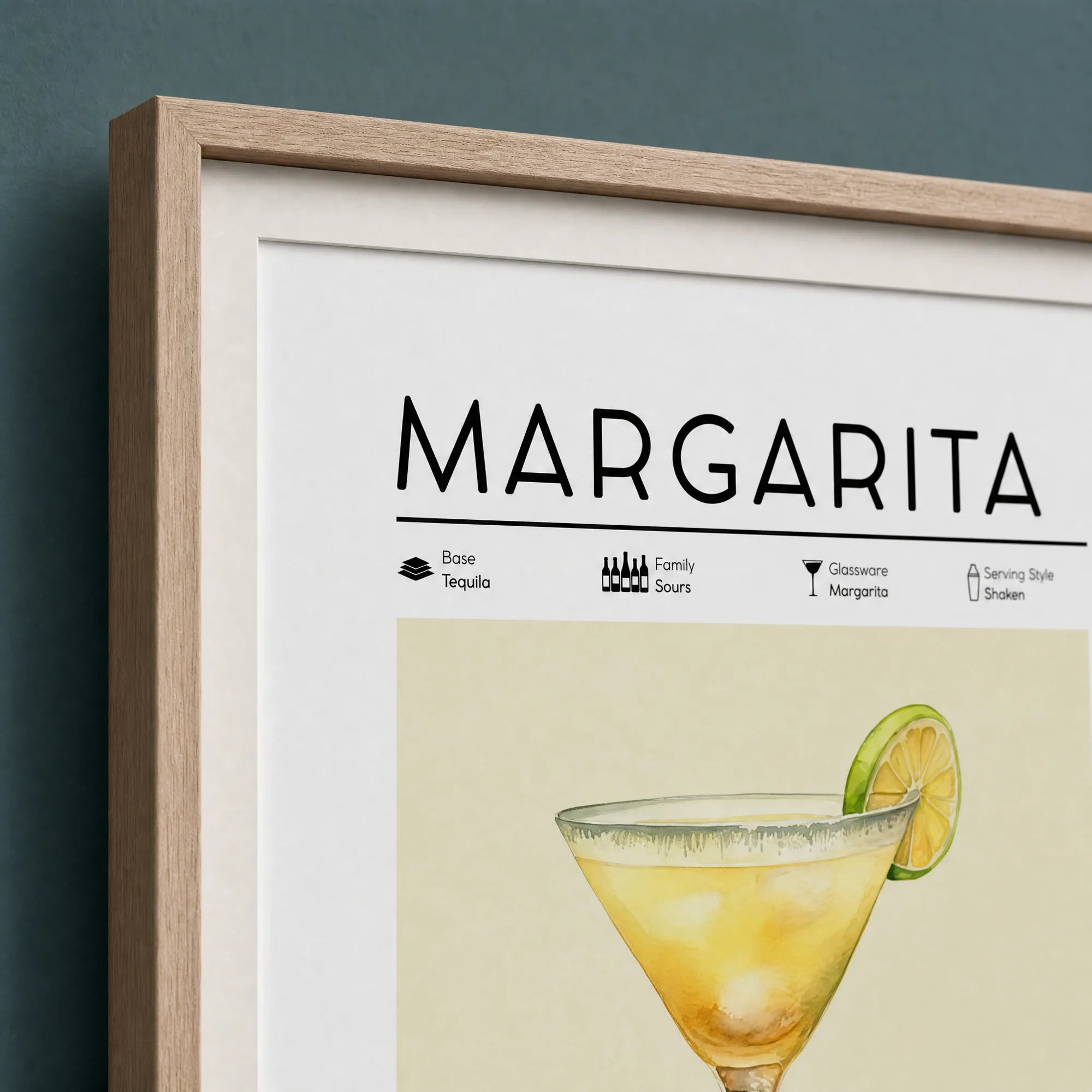 Close up of a Margarita poster in frame. Cocktail wall art that makes the perfect gift for cocktail lovers. 