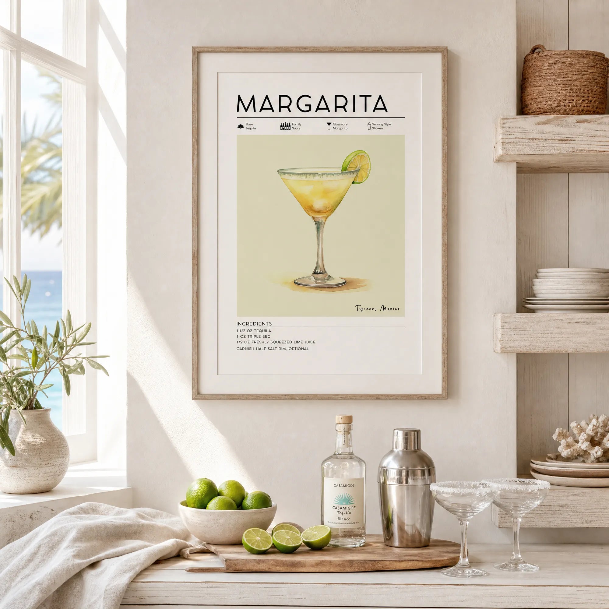 Home bar wall art, margarita poster in coastal kitchen