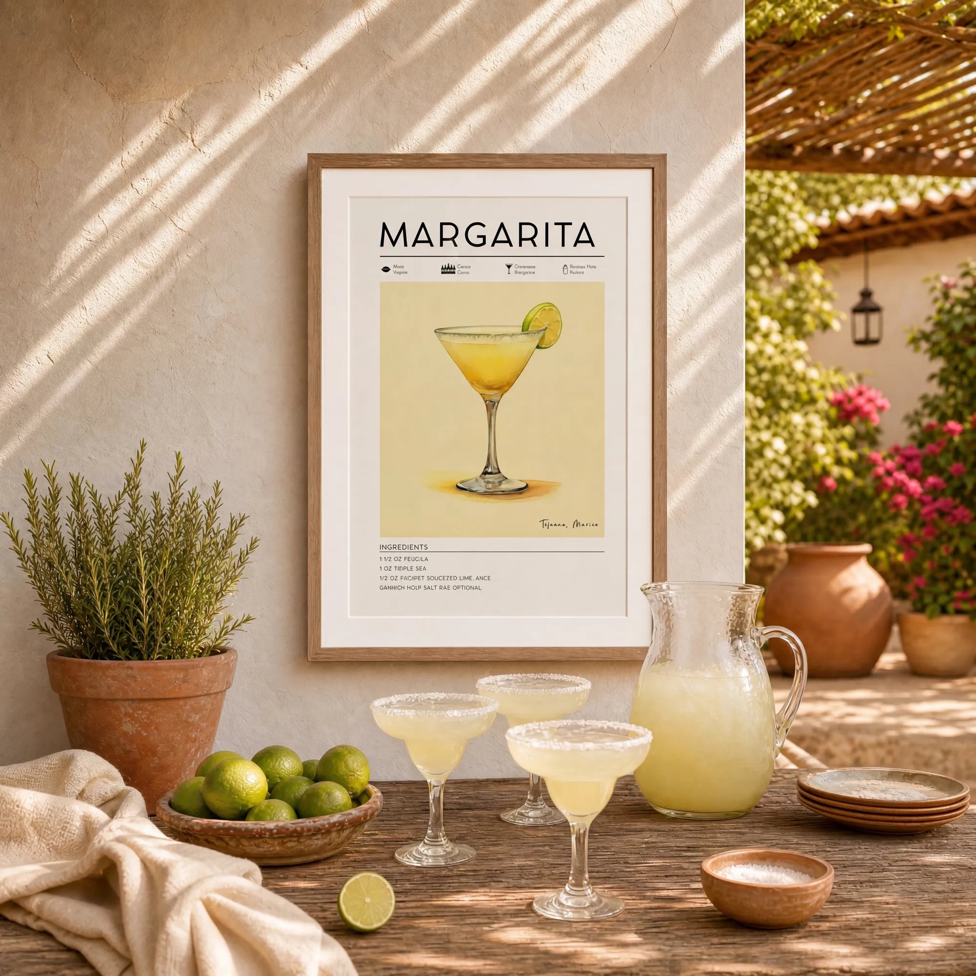 Cocktail recipe wall art, margarita poster in outdoor entertaining area