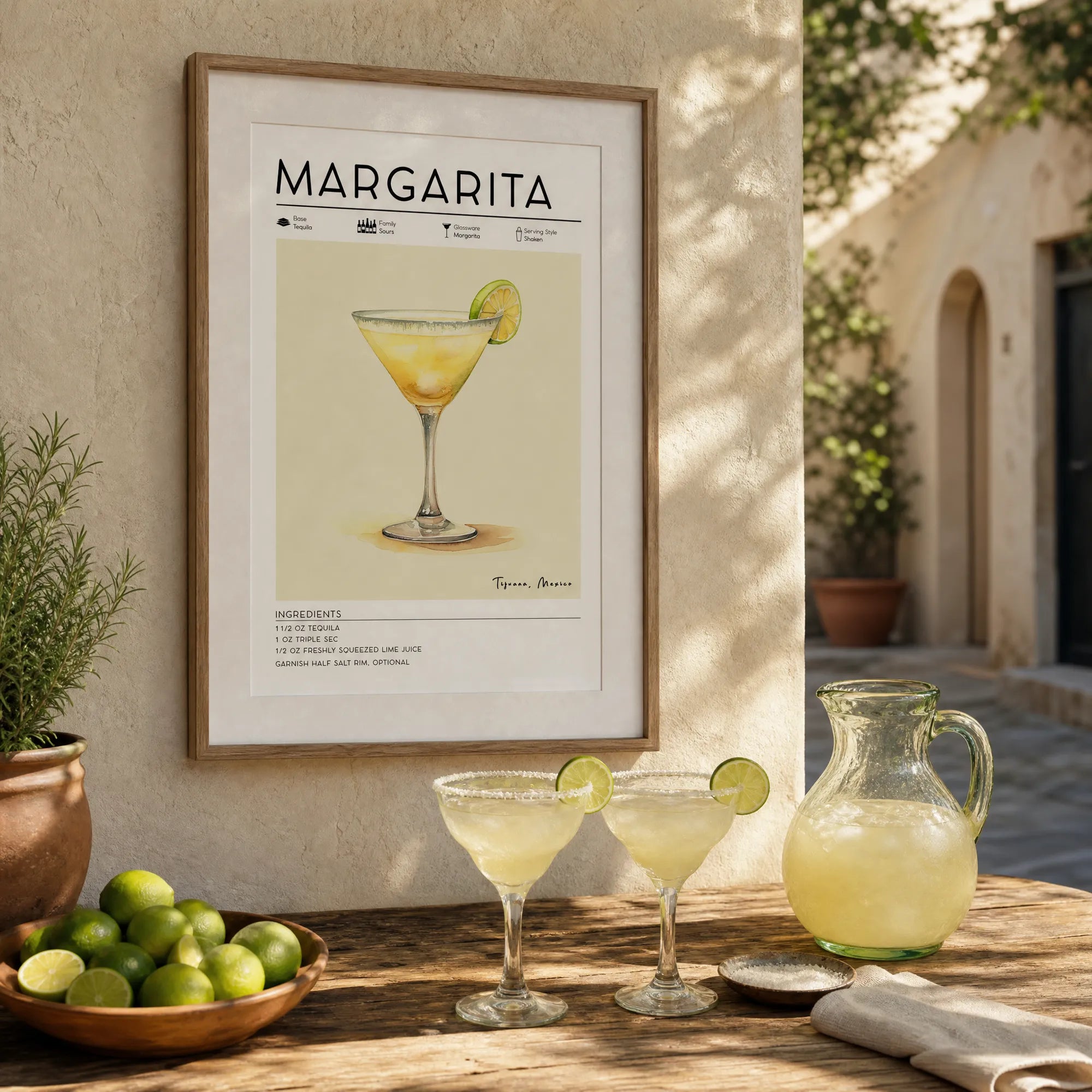 Cocktail recipe wall art, margarita poster in outdoor entertaining area