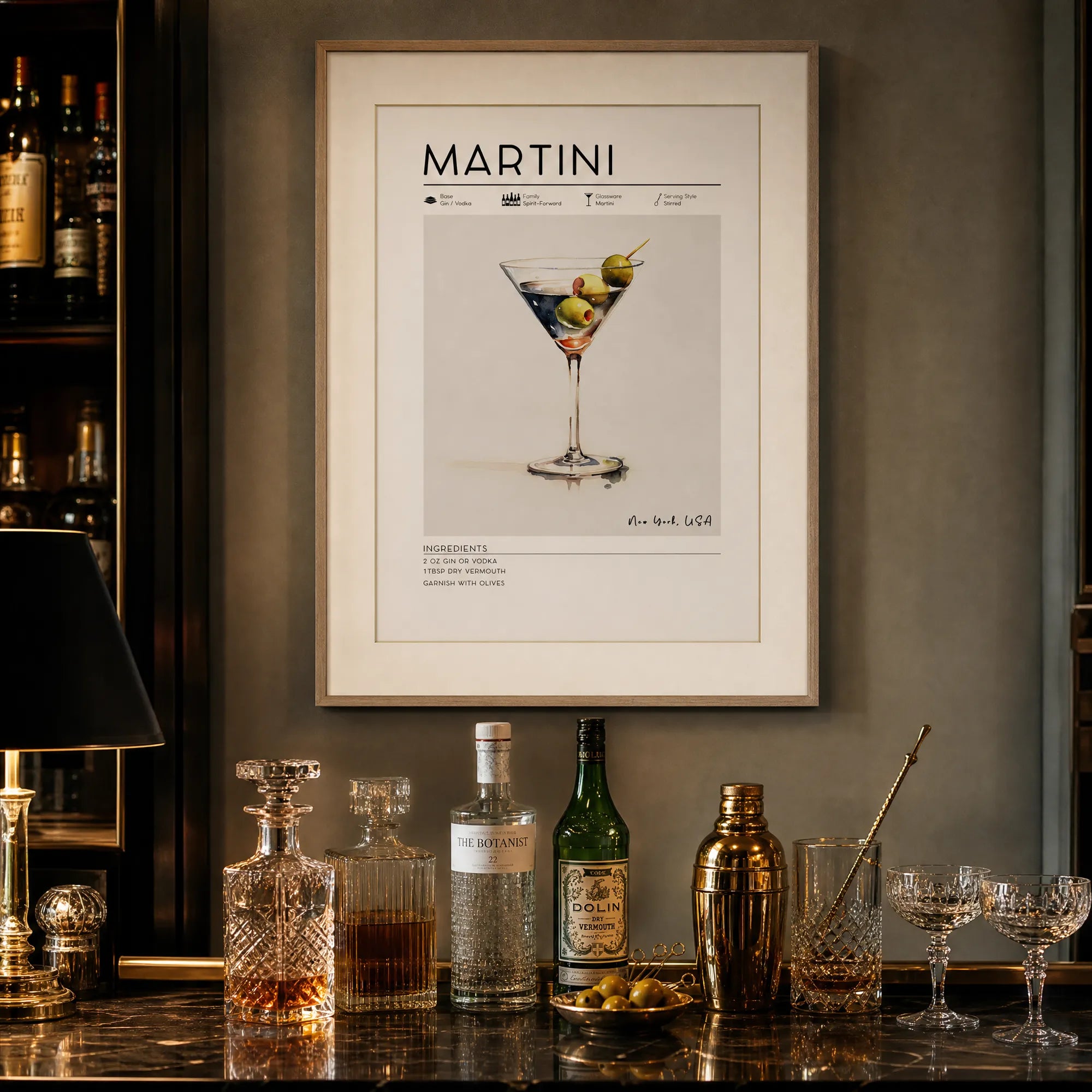 Framed Martini Poster handing above home bar.  Cocktail wall art for home bar