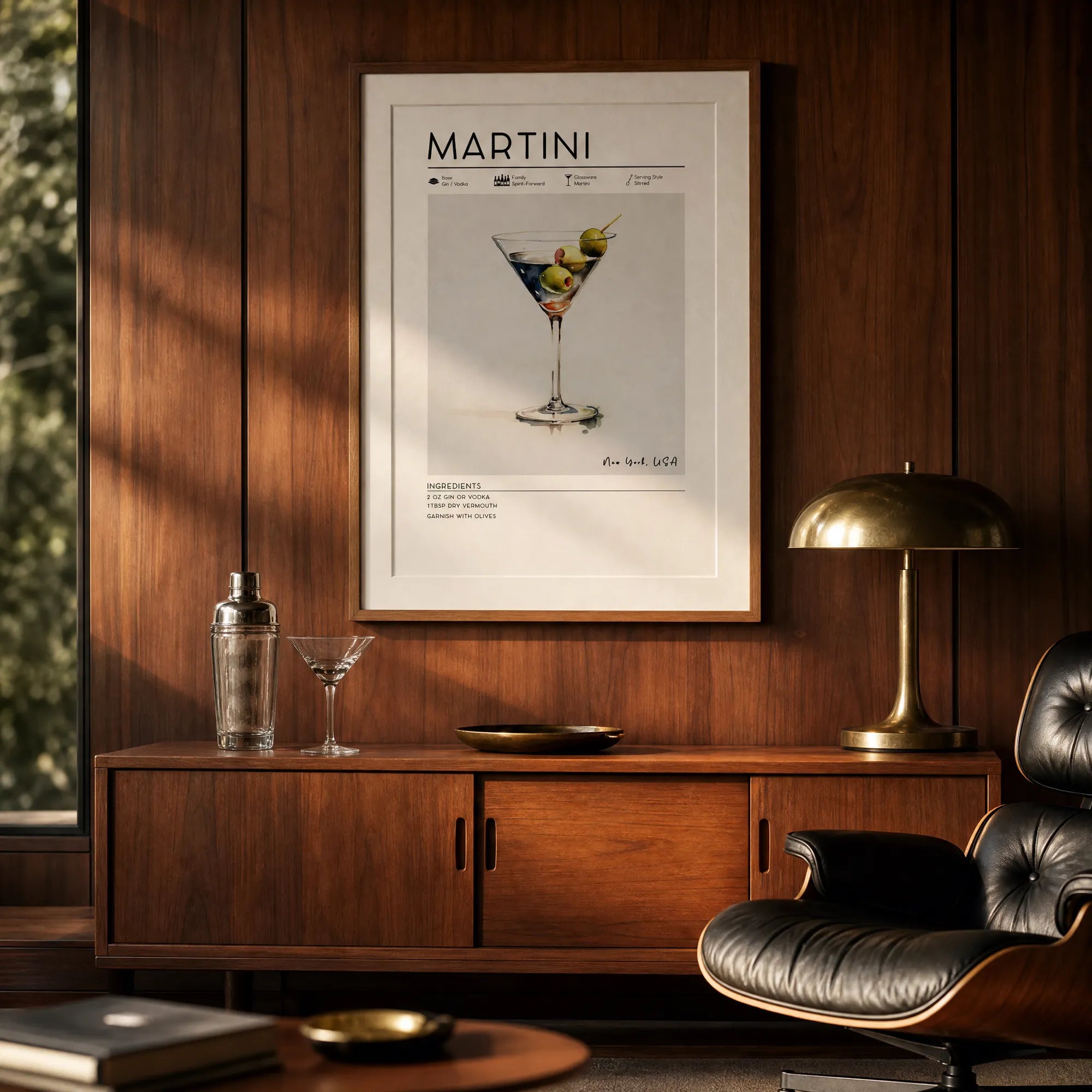 Framed Martini Poster handing in mid-century modern living room.  Cocktail wall art for home bar