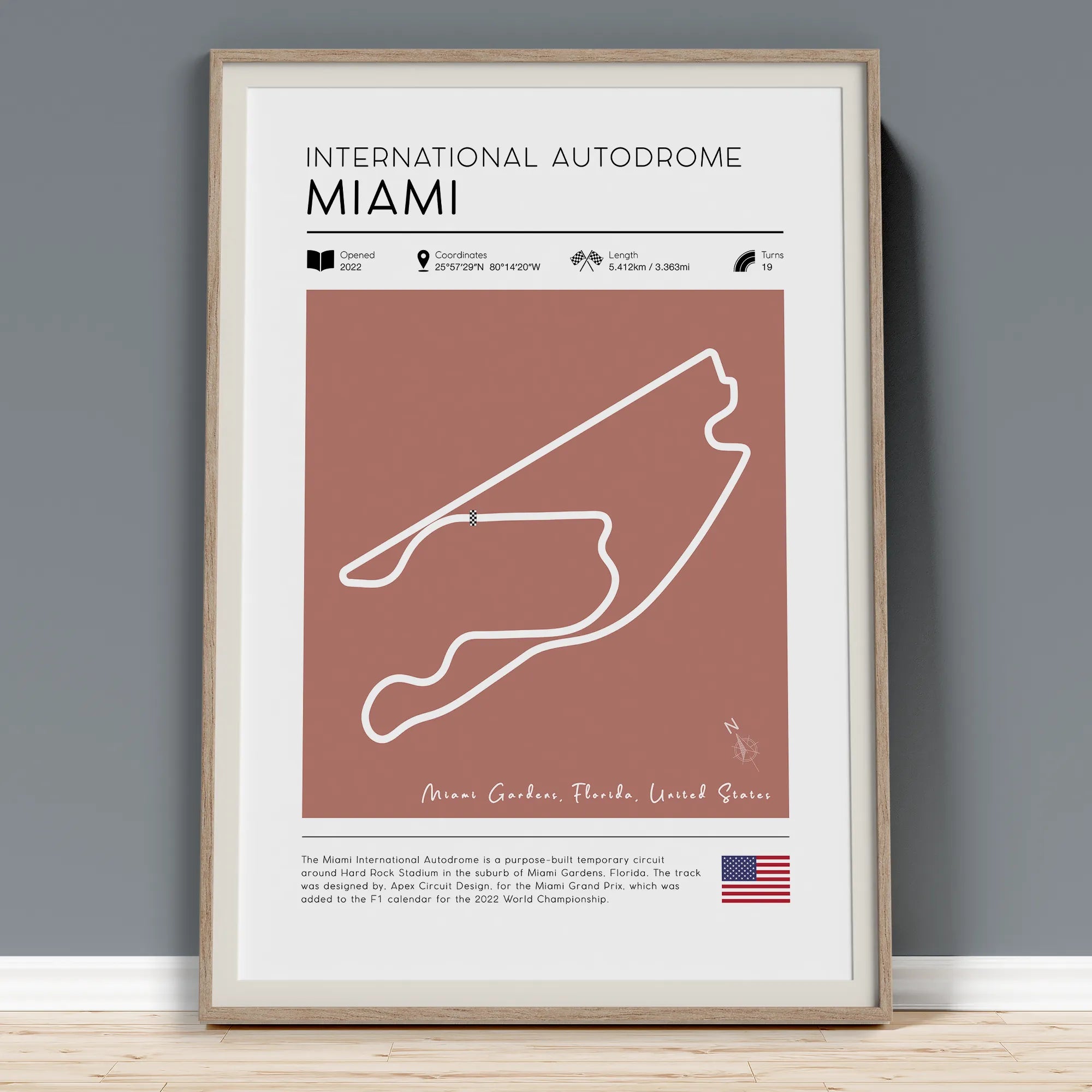 Vintage Miami F1 track poster showing Miami International Autodrome circuit layout with track specifications