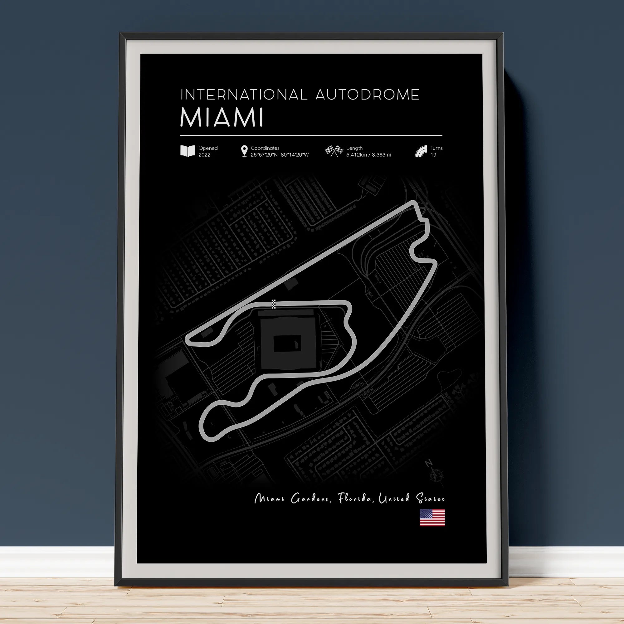 Miami International Autodrome poster in black with minimalist track map 