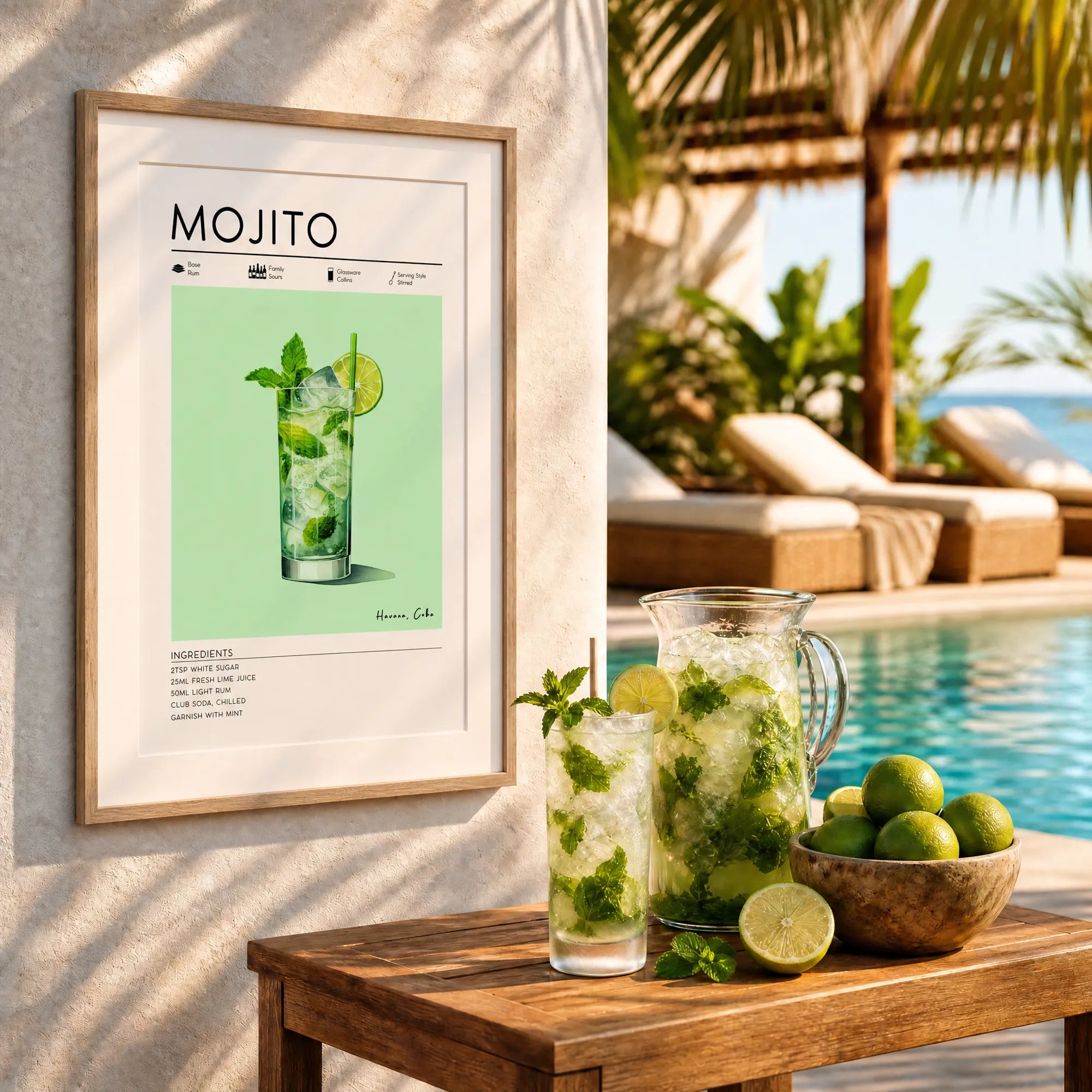 Mojito recipe poster on wall of beach resort. Home bar wall art featuring a pitcher of Mojito