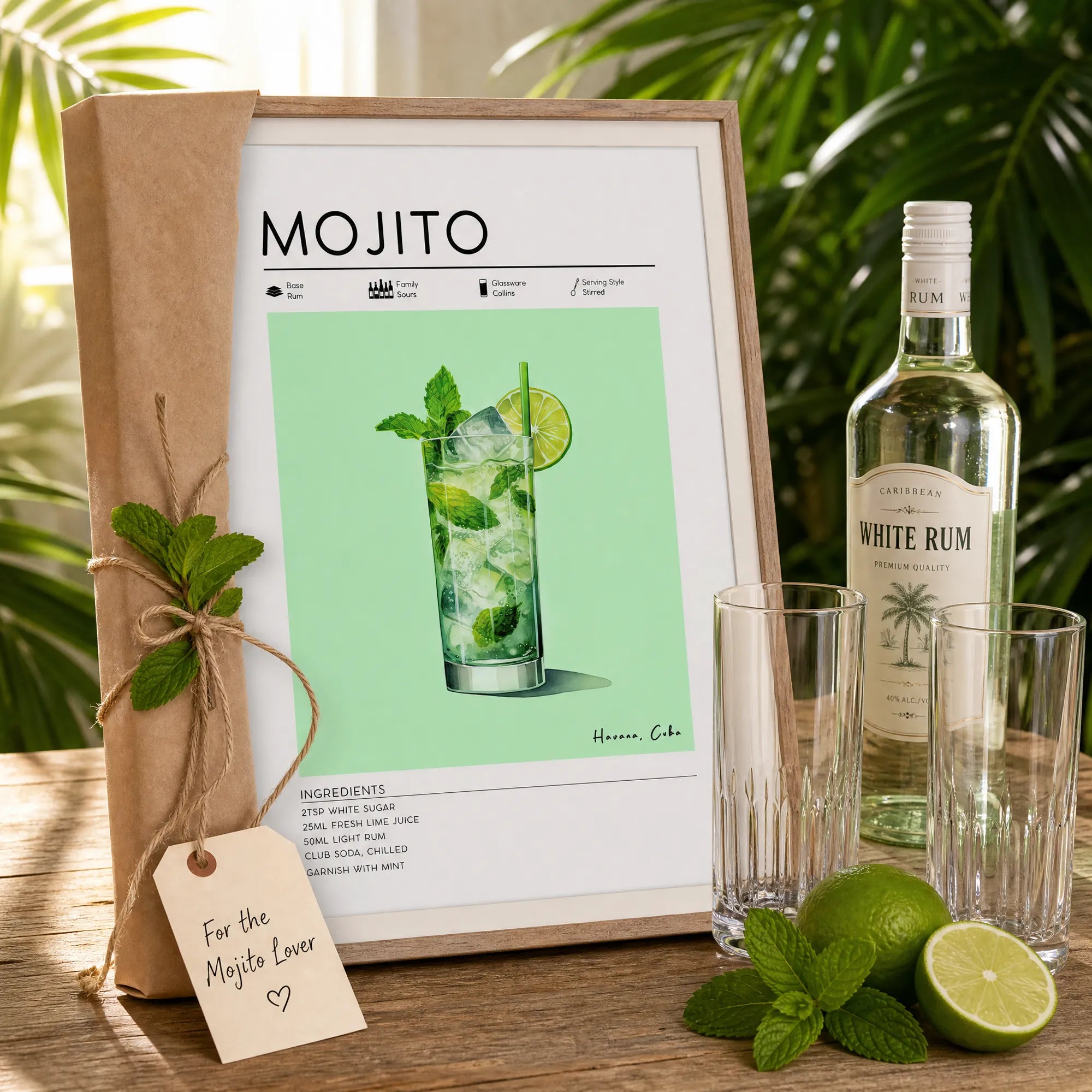 Mojito recipe poster, gift for cocktail lover with hand written note next to bottle of white rum, highball glasses and lime and mint