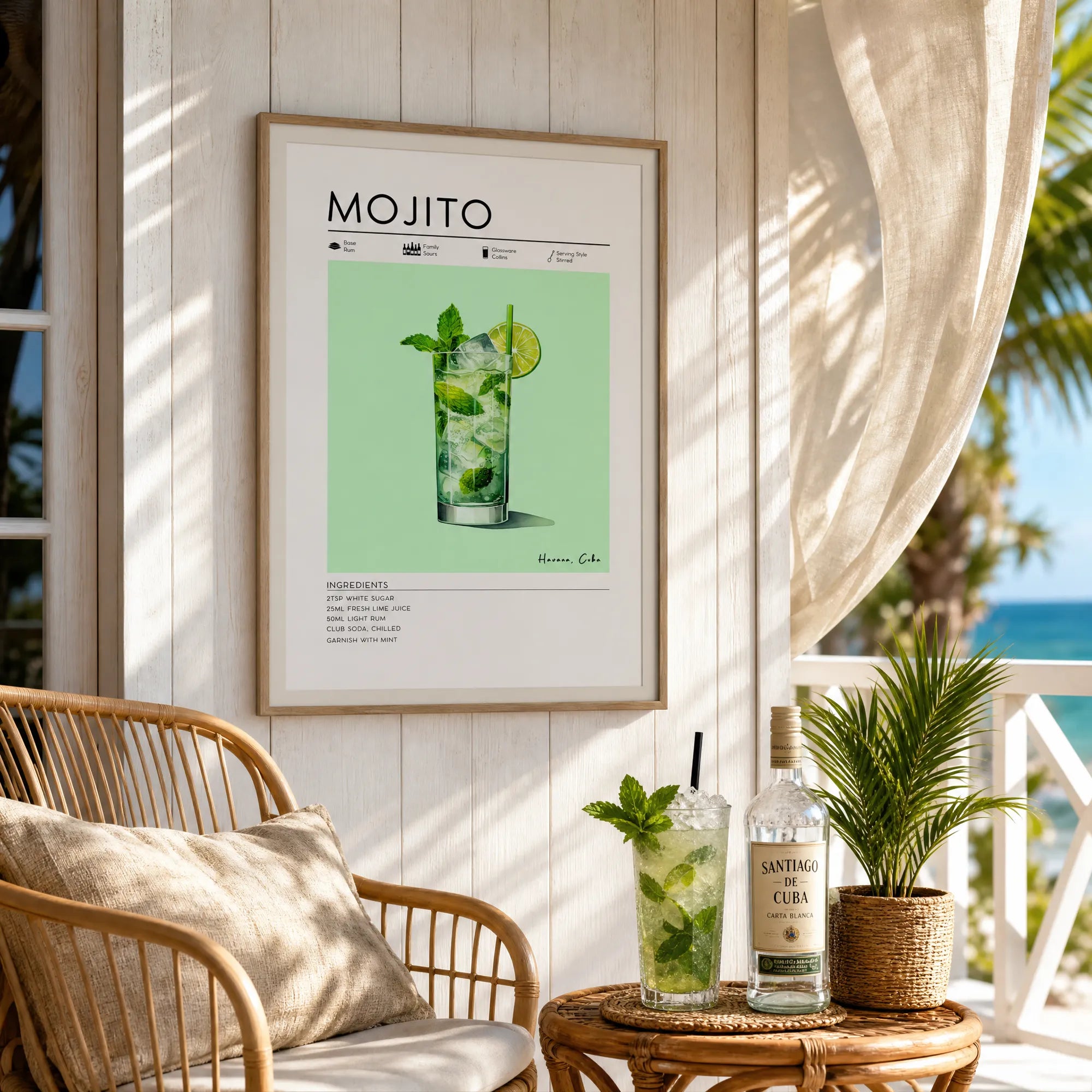 Mojito recipe poster on the veranda of a coastal home. Home bar wall art featuring a framed Mojito print