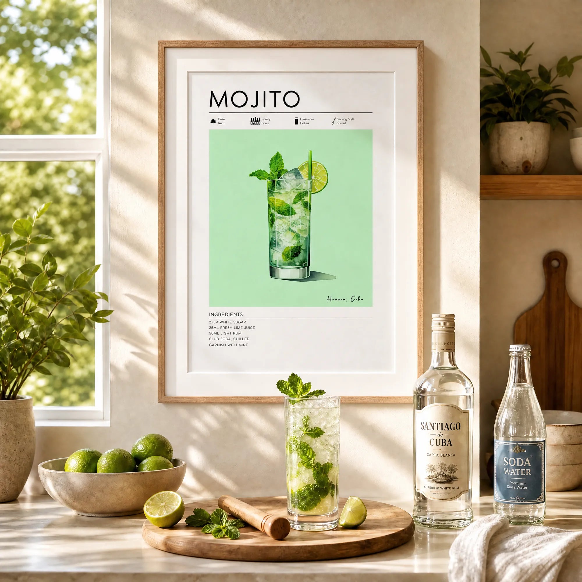 Mojito recipe poster on kitchen wall with White Rum and soda bottle, home bar wall art featuring a Mojito cocktail poster