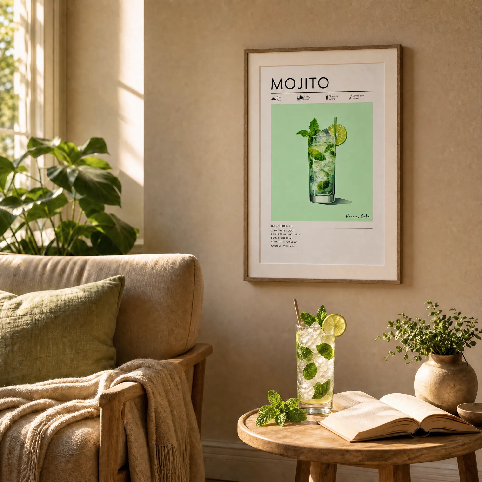 Mojito recipe poster on wall with of reading nook. Highball glass with Mojito below. Cocktail recipe wall art