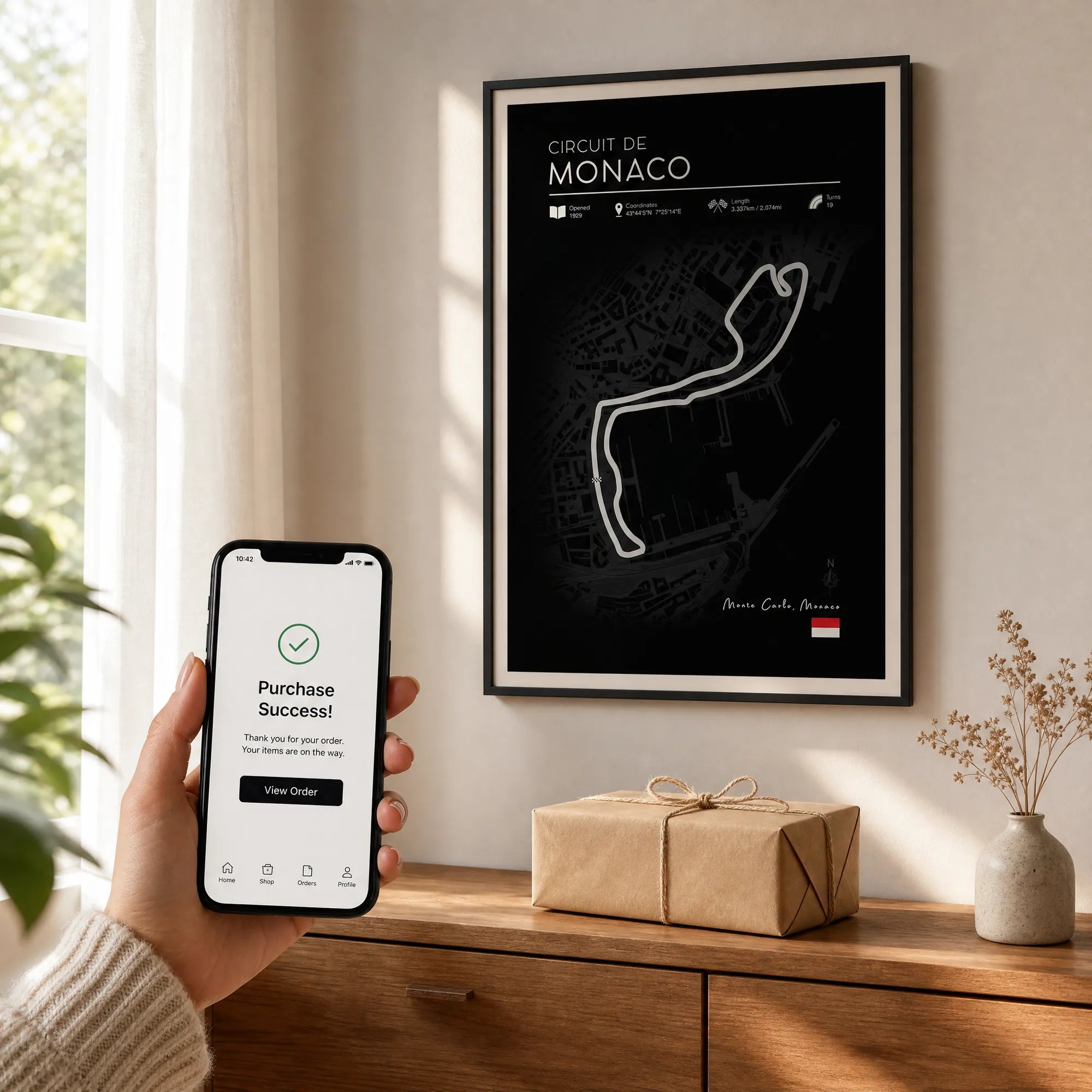 F1 gifts for him black edition circuit poster dark frame on white wall with kraft gift box and phone
