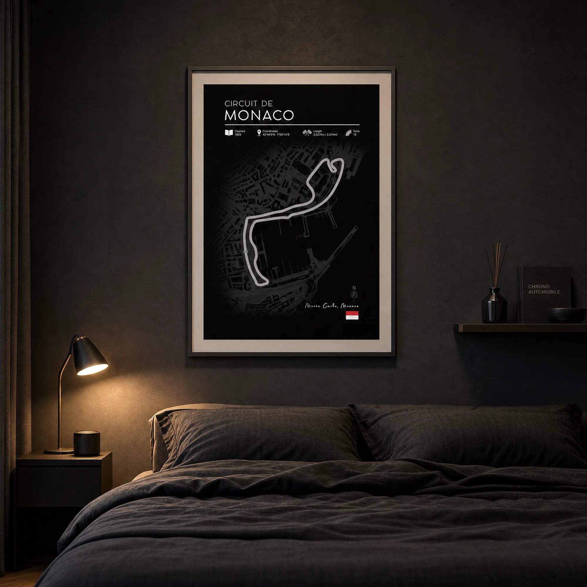 Formula 1 race track wall art black edition in minimal dark bedroom with warm bedside lamp