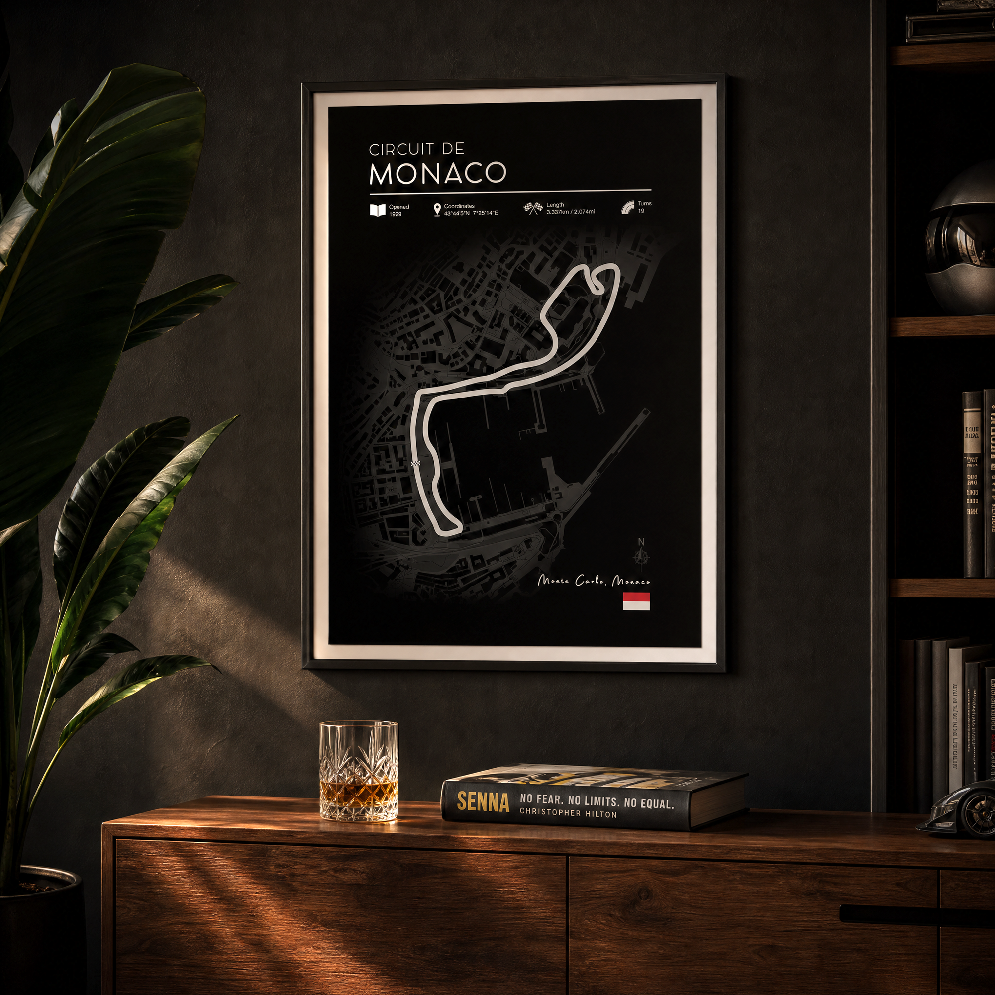 Monaco grand prix Race track art black edition above minimal desk with monitor and bookshelf speakers home office