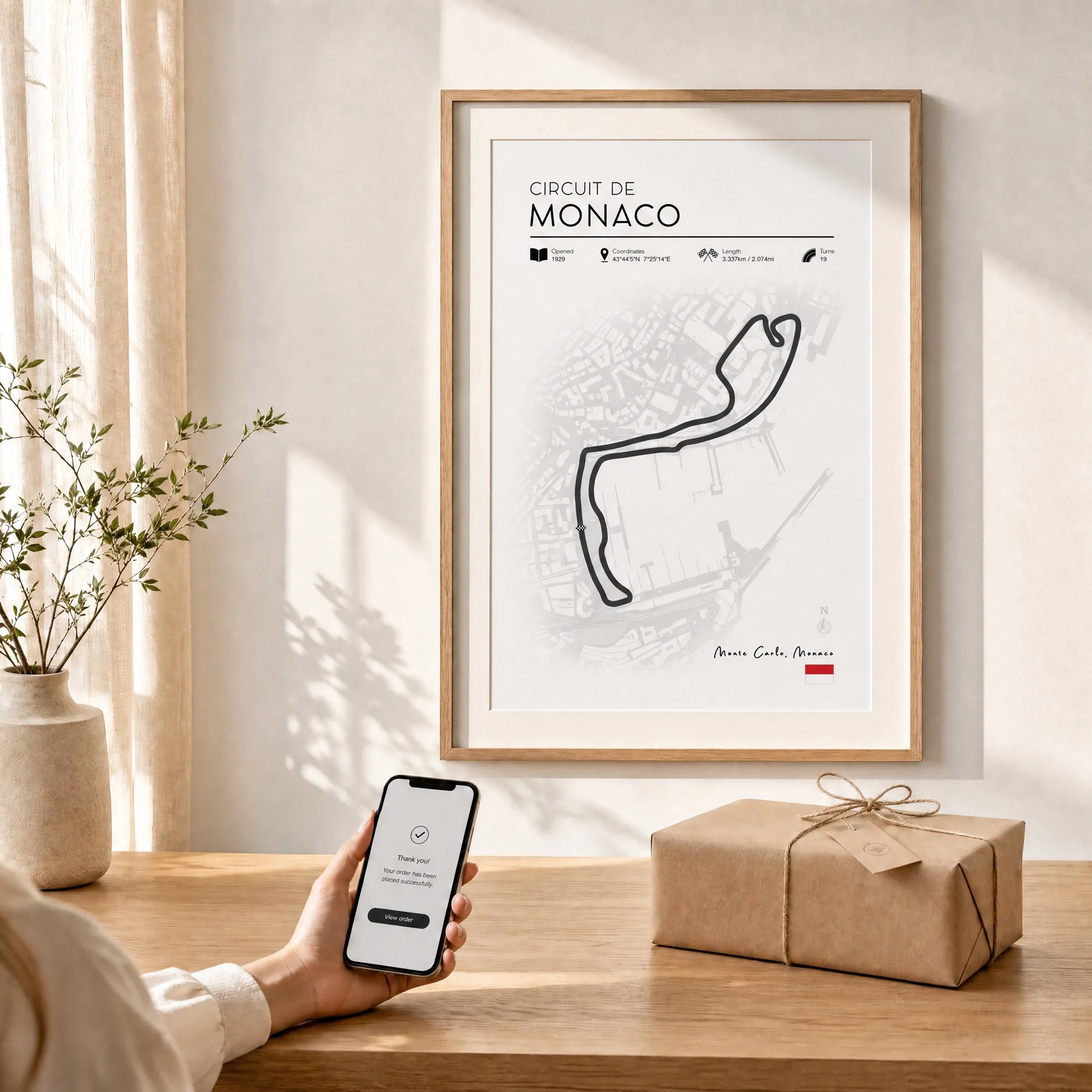 Monaco Grand Prix gift for F1 fan. Minimalist race track art, modern framed formula 1 poster