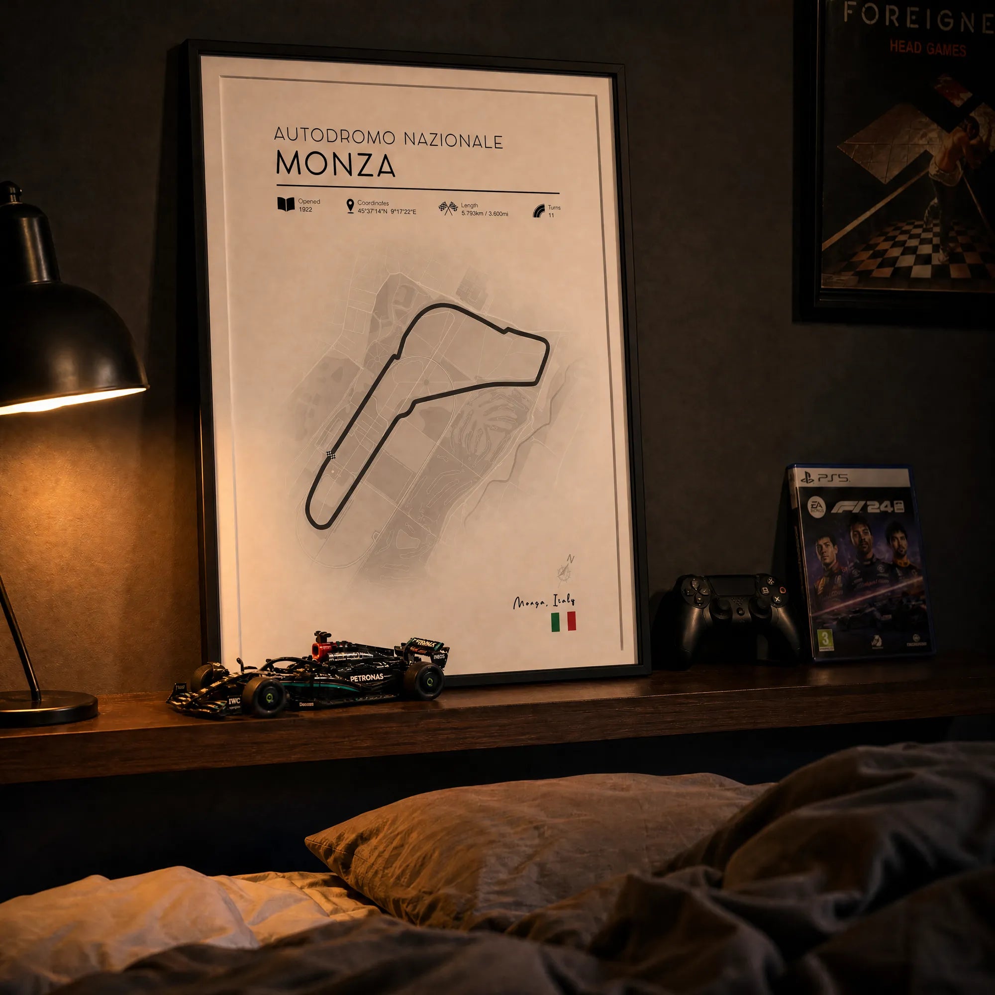 Minimalist Monza F1 race track poster, clean motorsport wall art