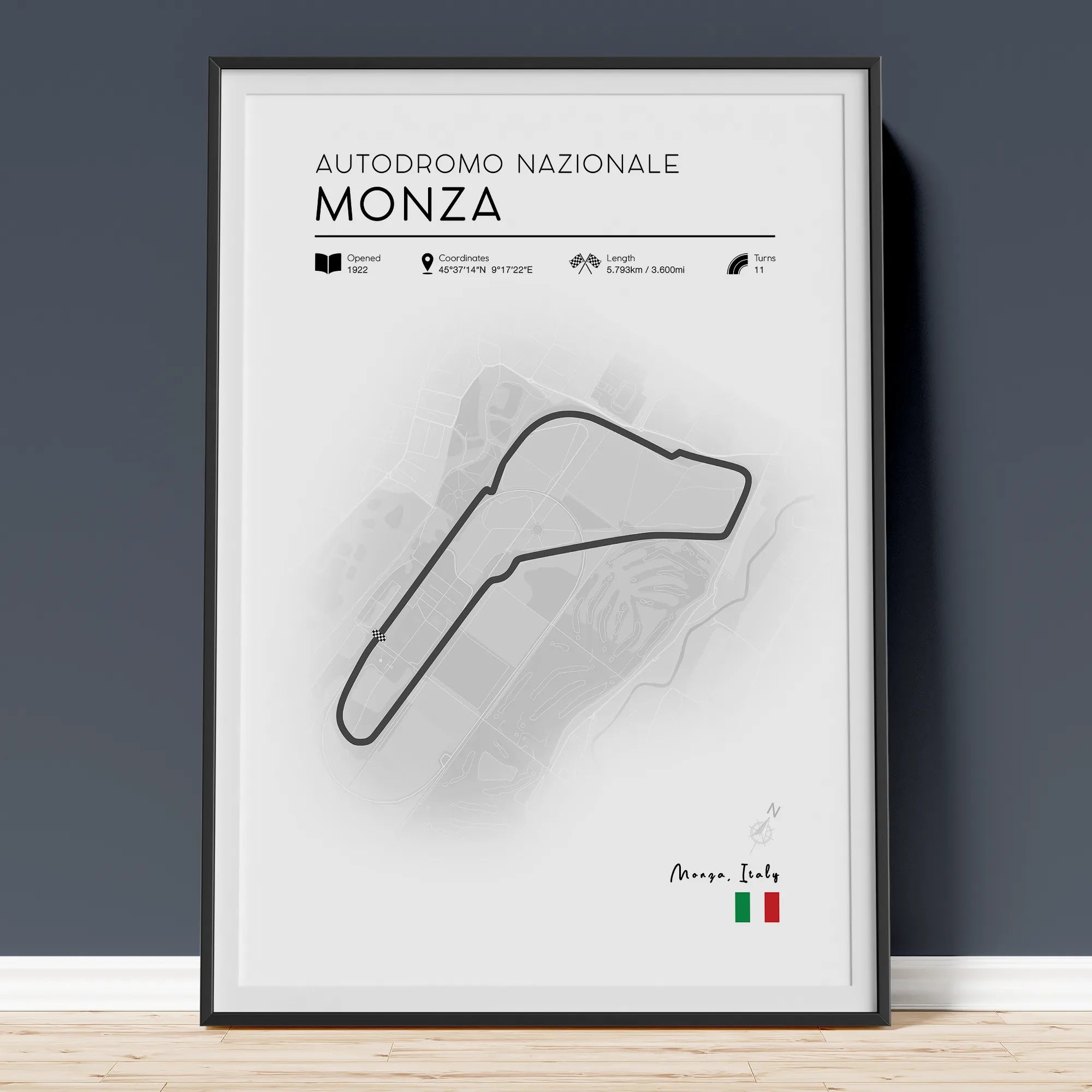 Minimalist Monza F1 track poster showing Italian Grand Prix circuit layout in clean modern design