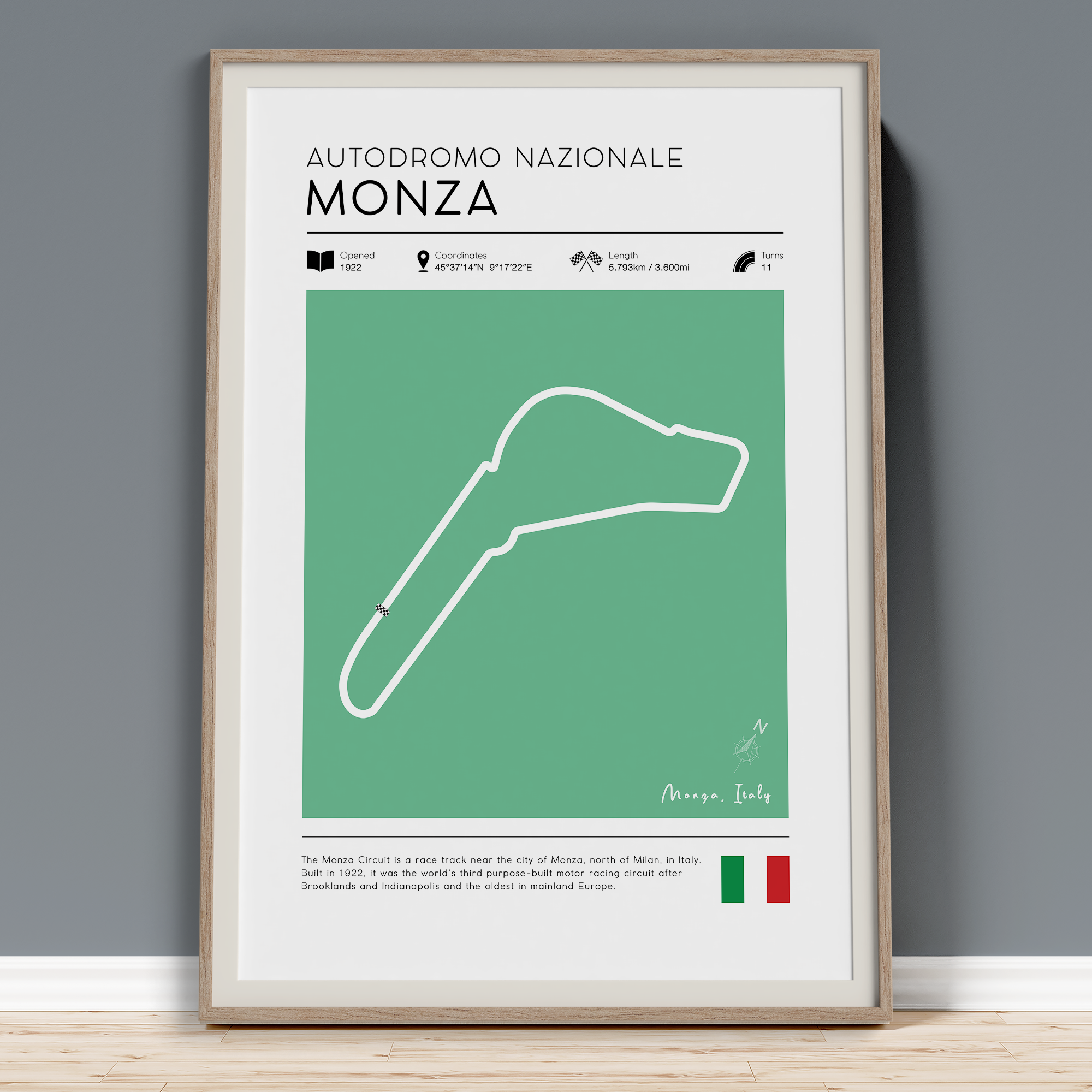 Vintage Monza F1 track poster showing Italian Grand Prix circuit layout with track specifications and coordinates
