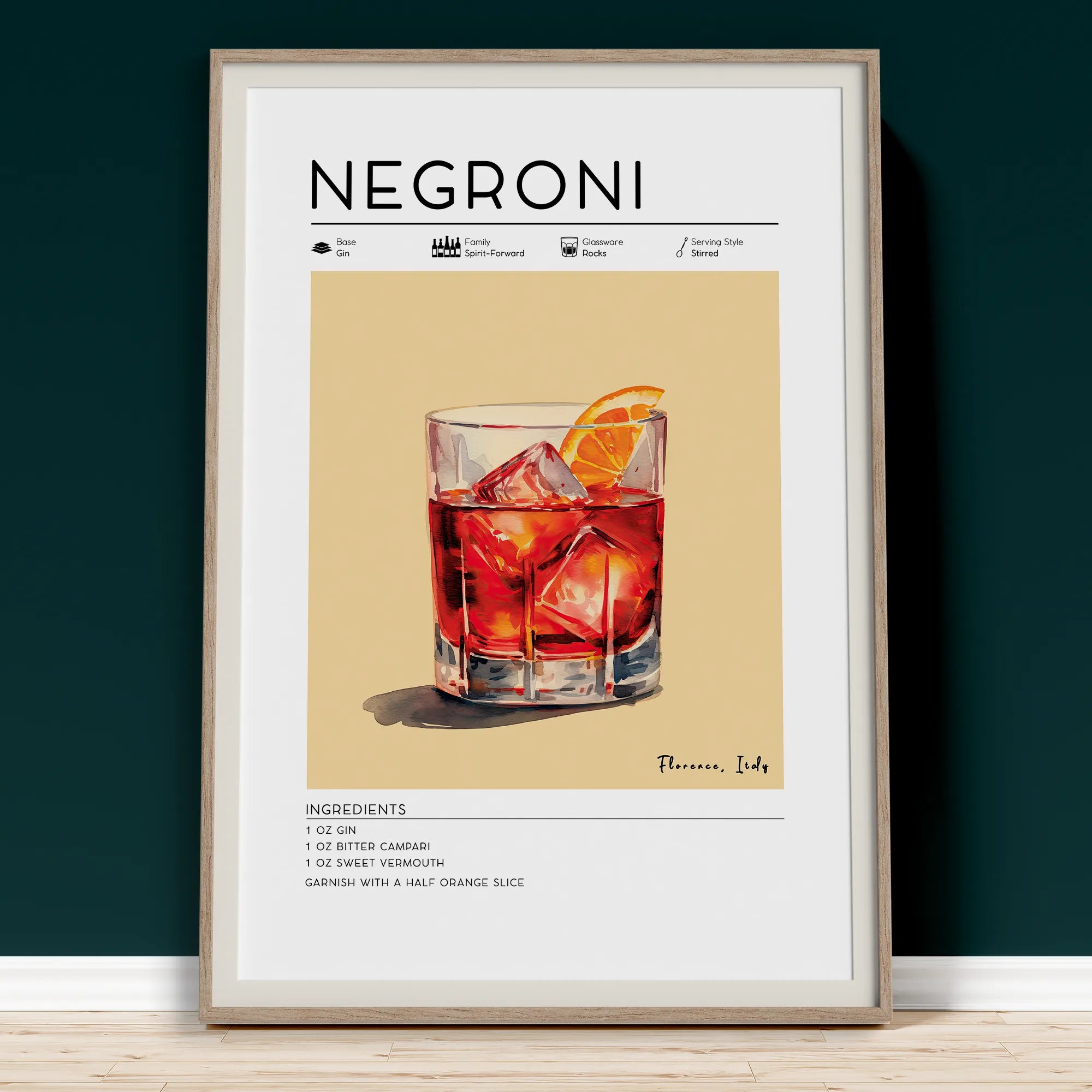 Negroni poster print with gin, Campari, and sweet vermouth recipe, framed cocktail wall art