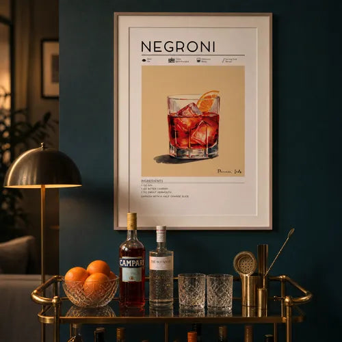 Framed Negroni cocktail recipe poster as wall art above a styled brass and glass home bar cart