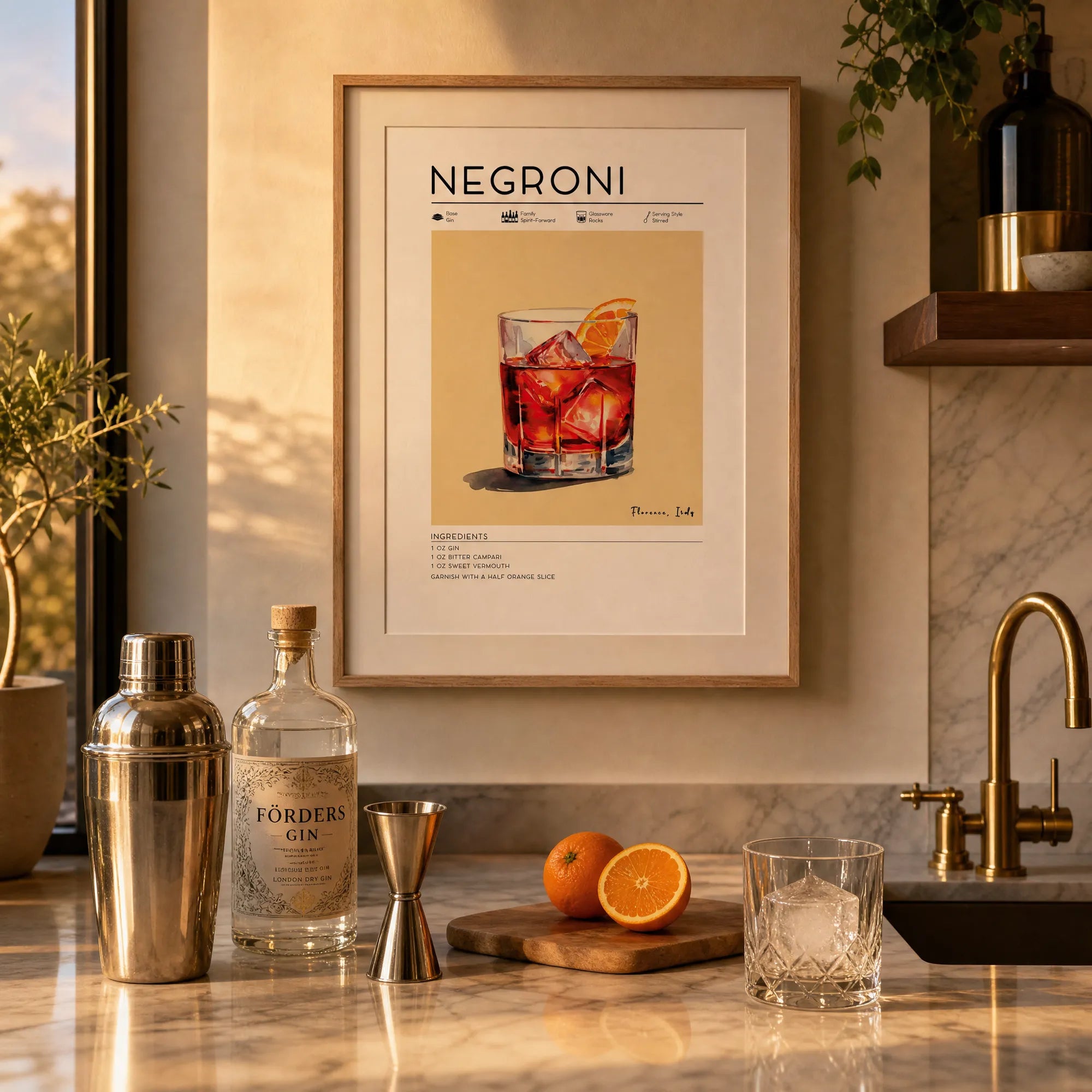 Negroni poster print with gin, Campari, and sweet vermouth recipe, gin bottle in foreground, printable cocktail wall art 