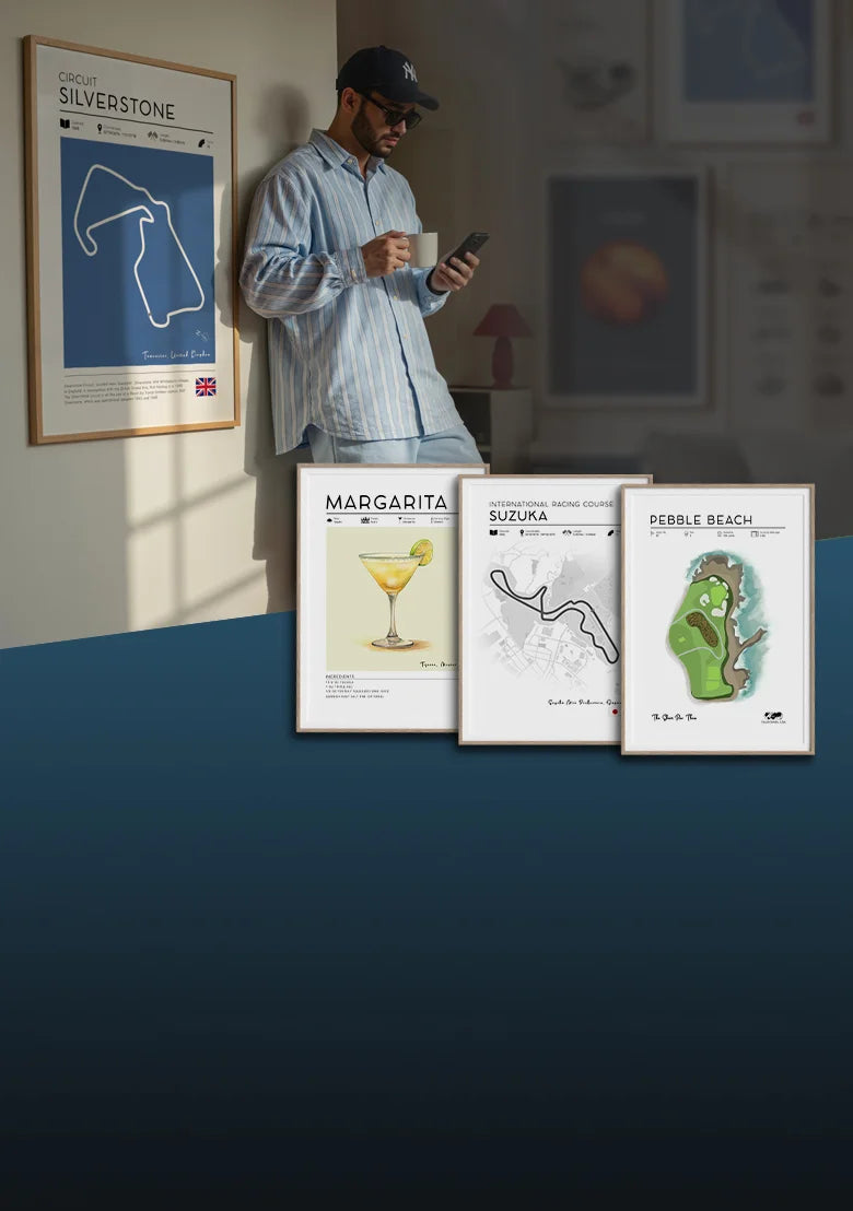 Printable wall art featuring F1 track posters, cocktail prints, and iconic golf course designs