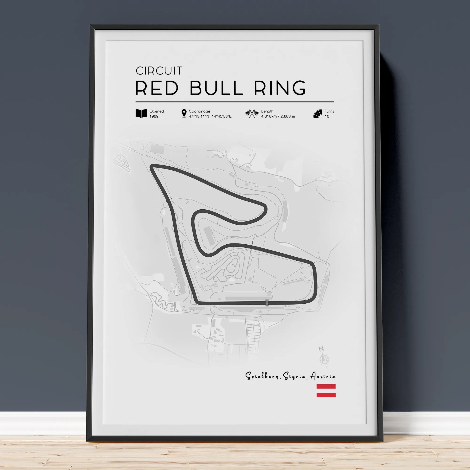 Red Bull Ring track poster showing Austrian Grand Prix circuit layout in clean minimalist design