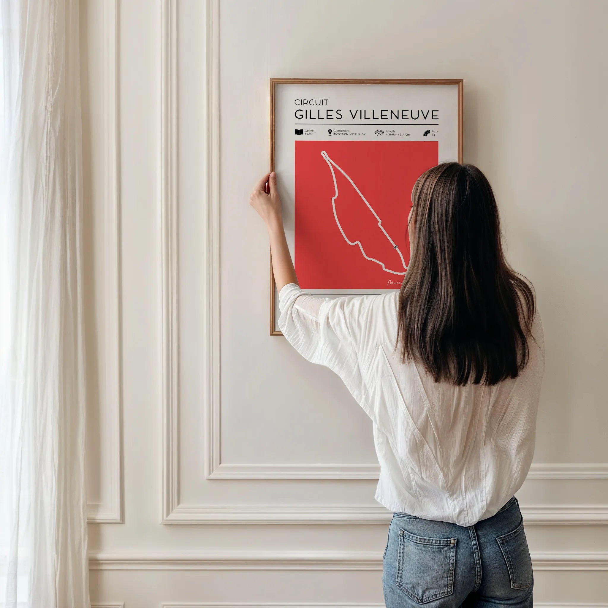 Printable Retro Gilles-Villeneuve F1 Track Poster being hung on wall