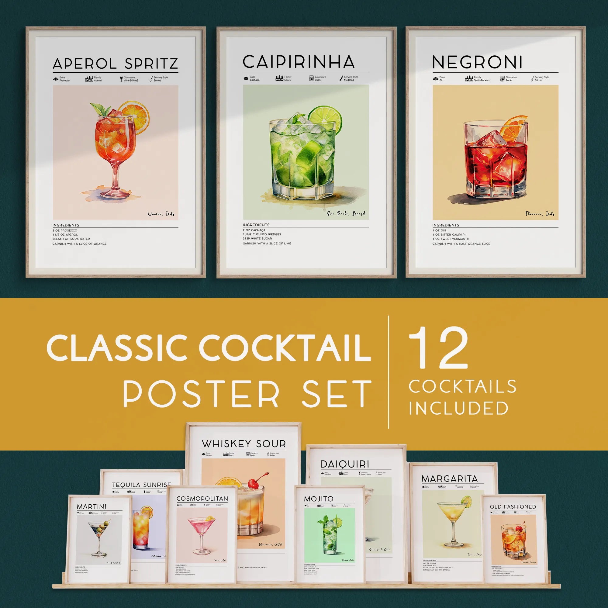 cocktail wall art, set of cocktail posters including negroni poster, martini poster,
daiquiri poster, old fashioned cocktail poster. aperol spritz poster, tequila sunrise poster, mojito poster, margarita poster