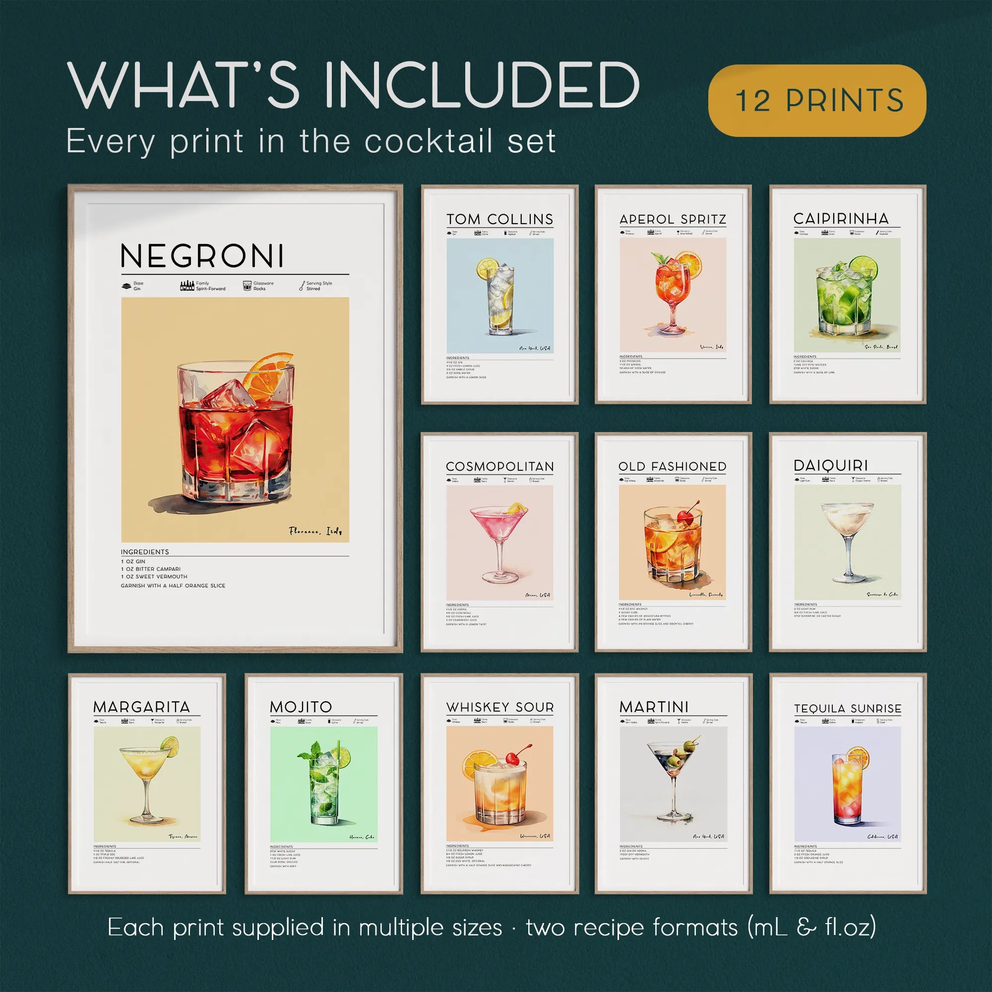 Classic cocktail poster set: 12 labelled cocktail recipe prints included in the printable bundle