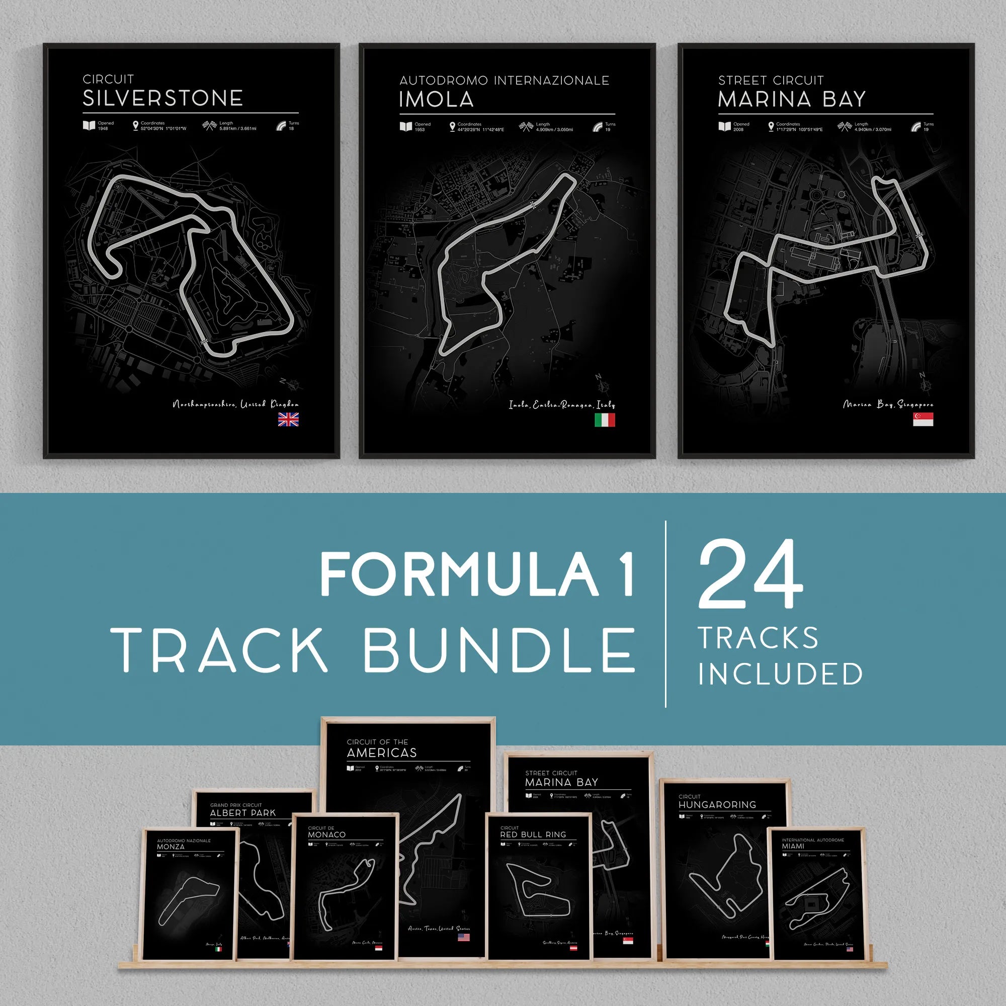 Black Edition F1 Track Poster Set – 24 Iconic Formula 1 Circuits in Sleek Black Design 2025 Season