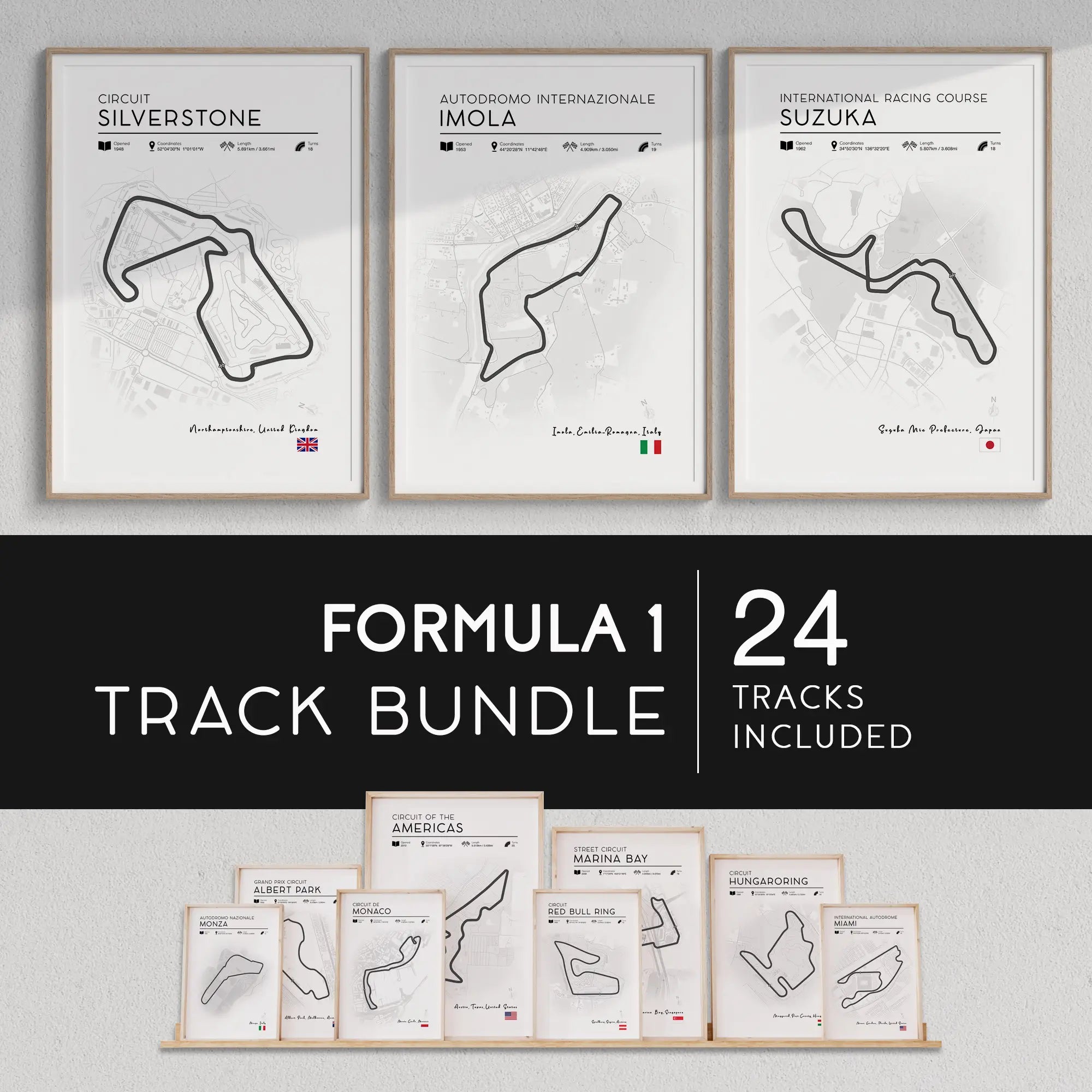 F1 Track Posters – Set of 24 Formula 1 Circuits for Motorsport Fans