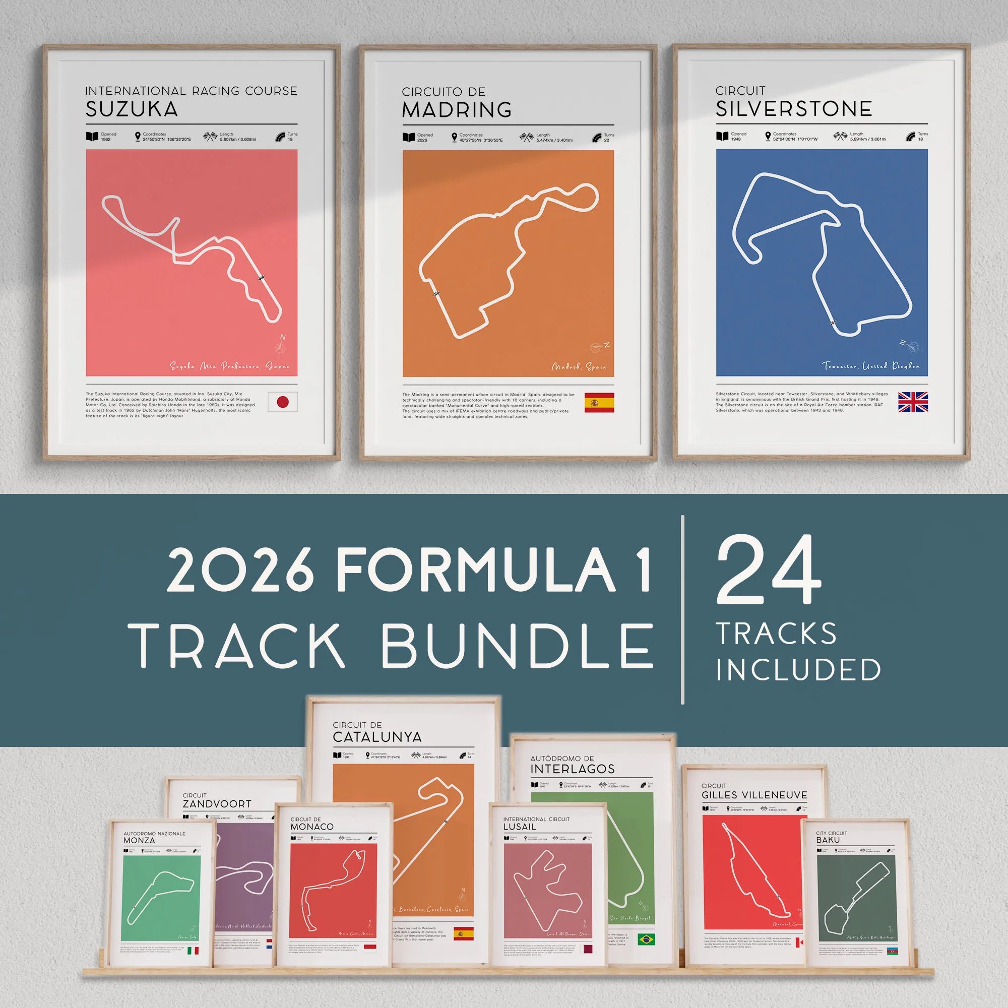 Set of 24 vintage F1 track posters featuring complete 2026 Formula 1 season circuit collection in timeless vintage design