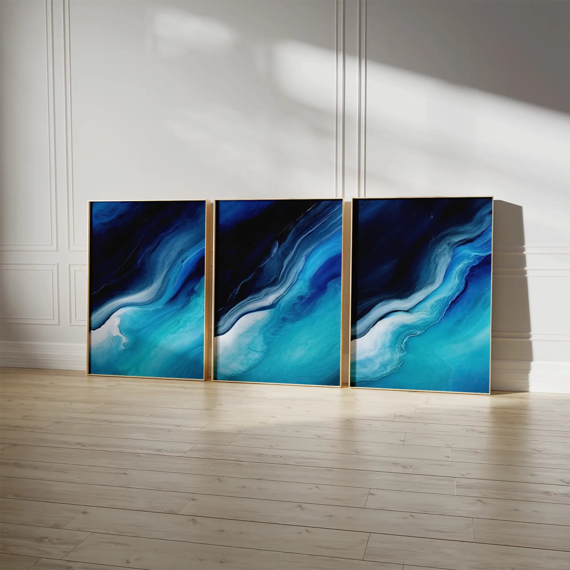 Gallery Wall Set of 3 Abstract Ocean Prints, Minimal Seascape, Navy Blue & Aquamarine Fluid Art