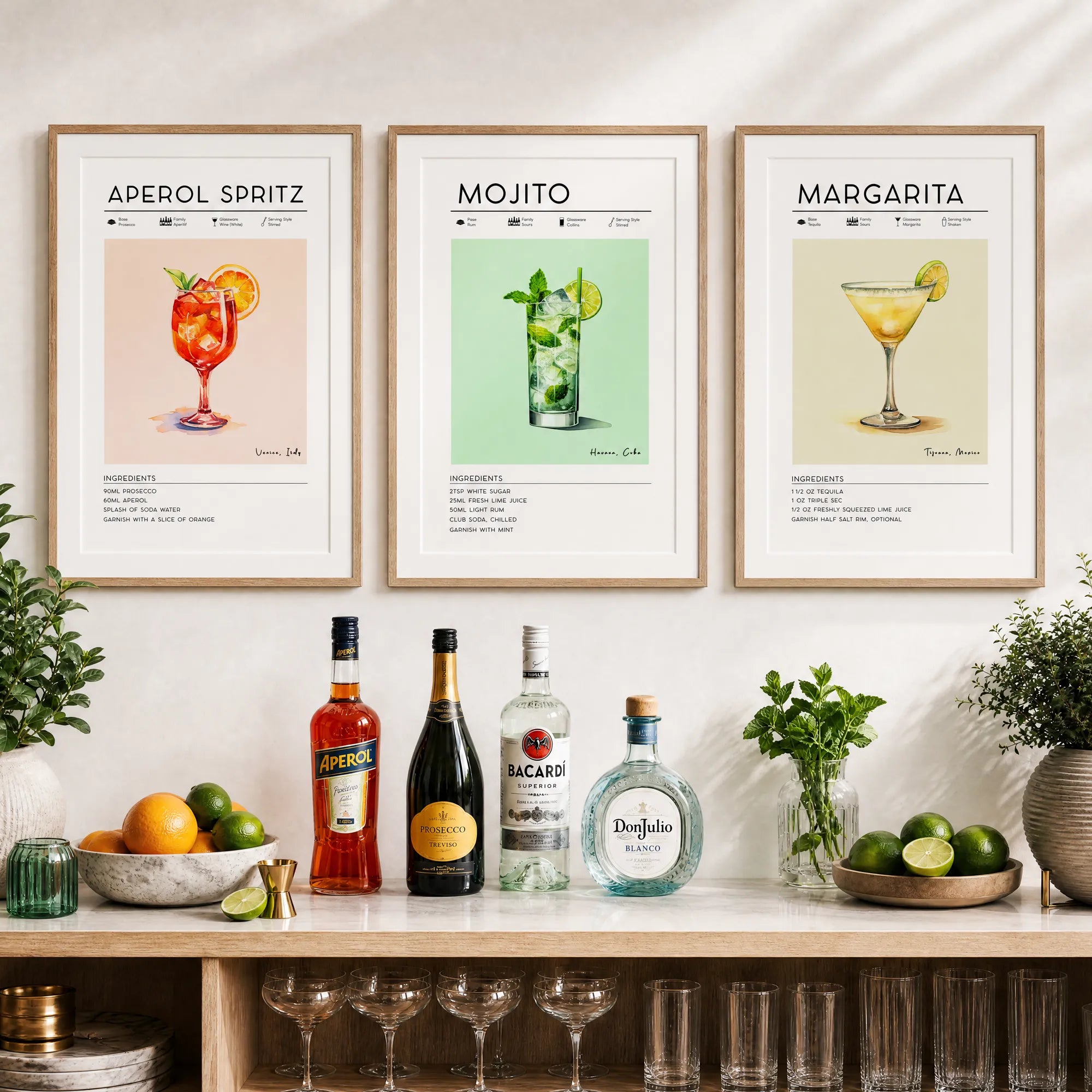 Set of 3 Cocktail Posters - Aperol Spritz, Margarita, Mojito