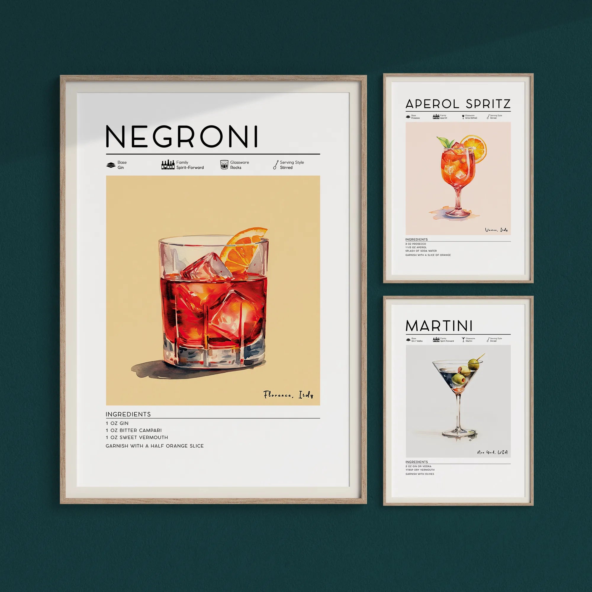 cocktail wall art, Negroni poster, Martini poster, Aperol Spritz poster