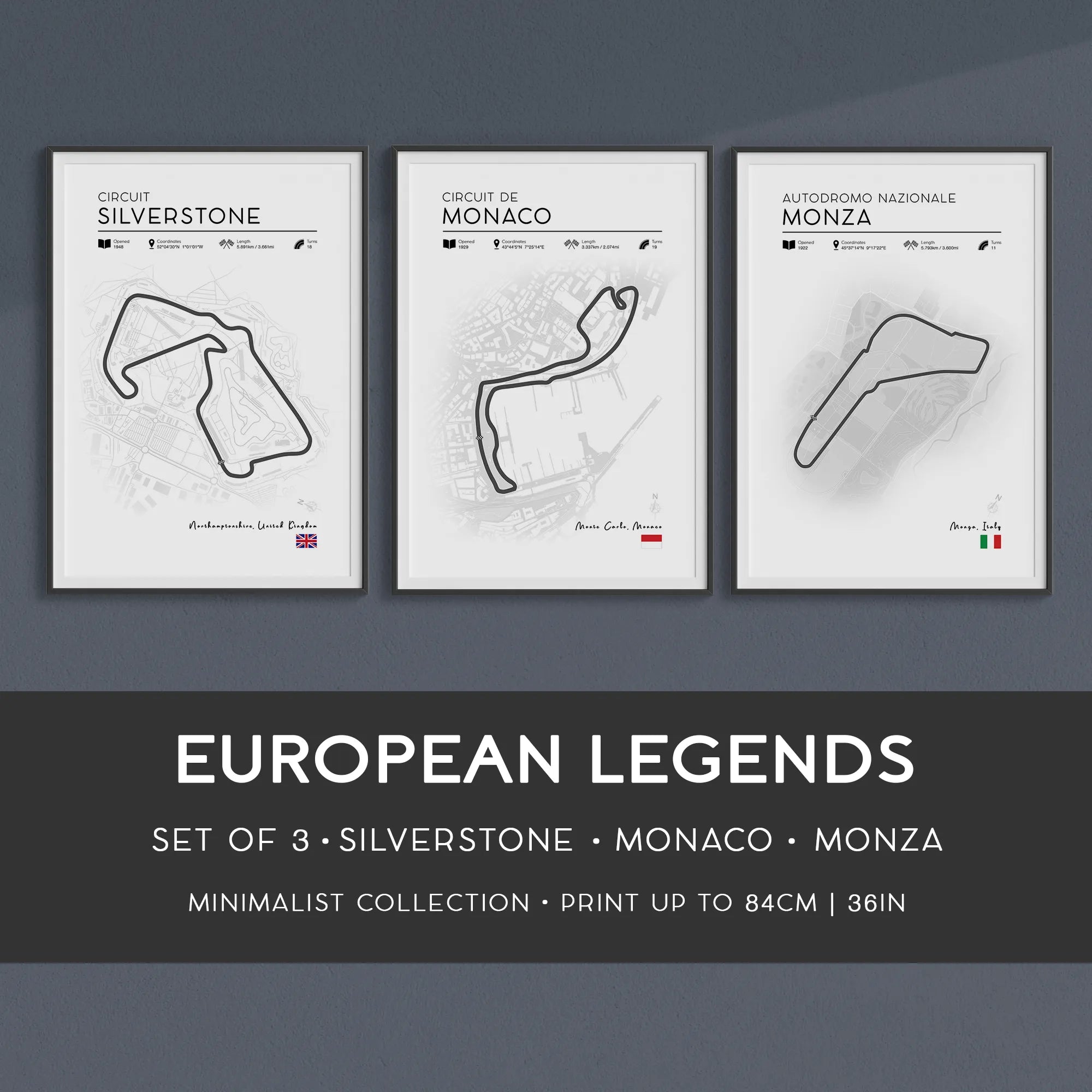 Set of 3 minimalist F1 track posters featuring European legends Monaco, Silverstone and Monza circuits in clean modern design