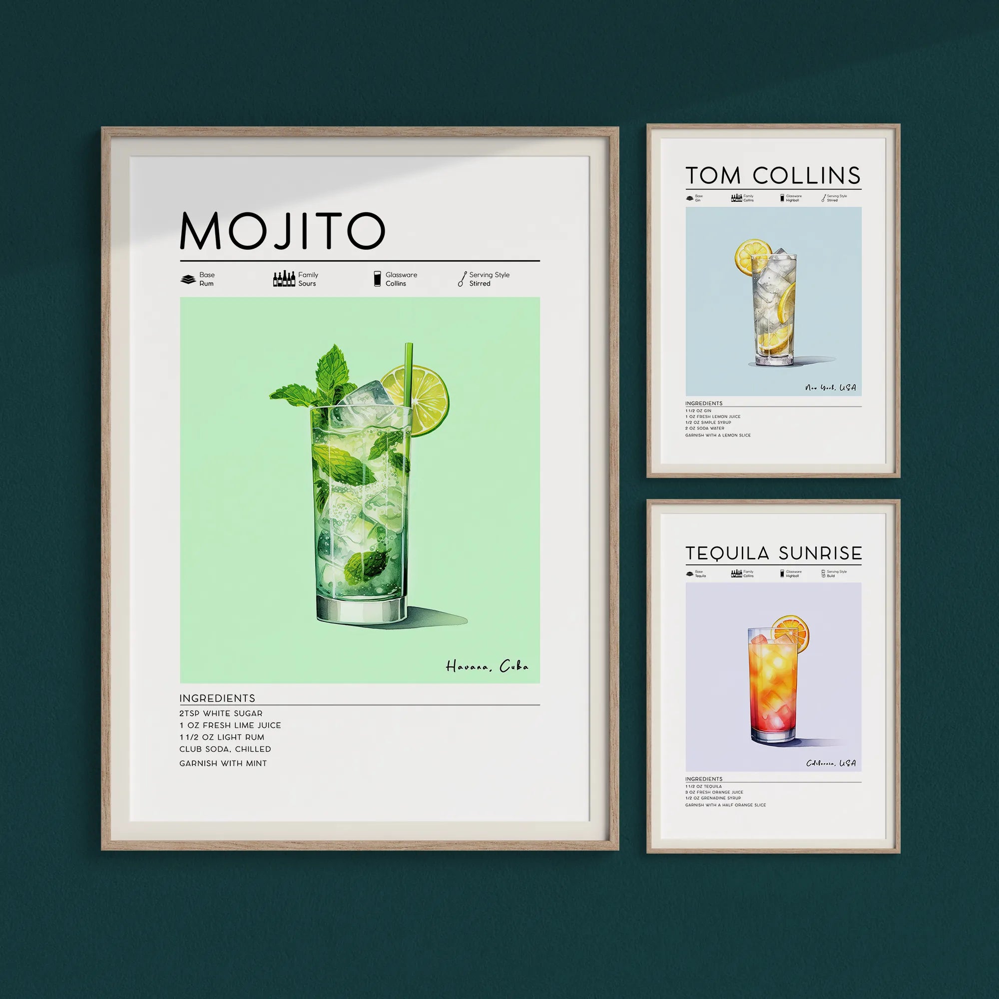 Home bar wall art. Set of 3 summer cocktail posters. Included are a Mojito poster, Tom Collins poster and Tequila Sunrise poster 
