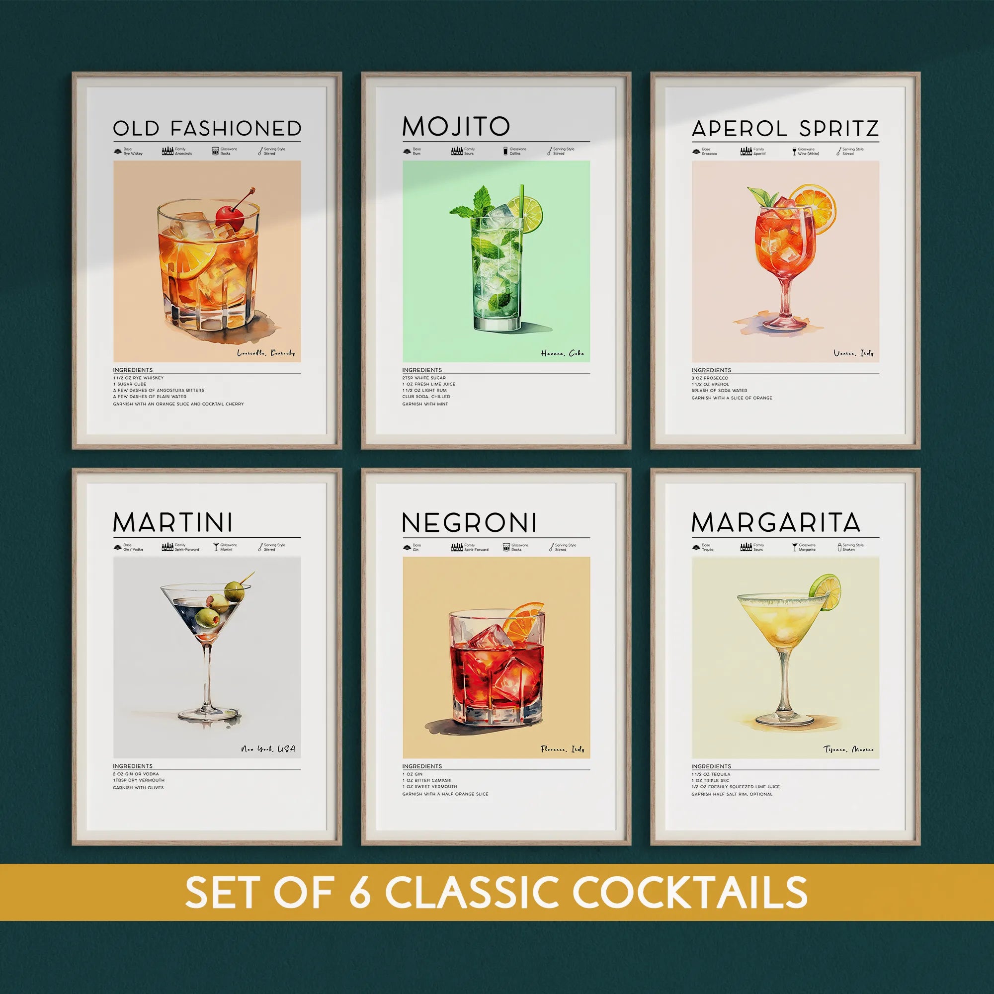 Cocktail art, set of six cocktail posters. Aperol Spritz poster, Mojito poster, Negroni poster, Margarita poster, Martini poster Old Fashioned cocktail poster