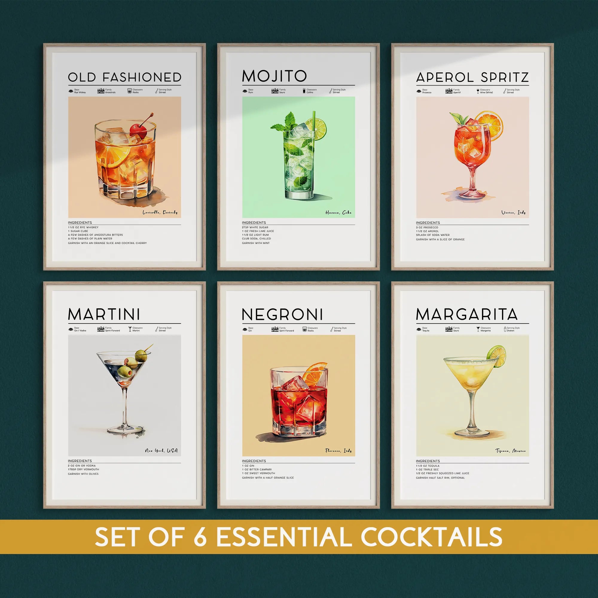 Cocktail posters, Mojito poster, Negroni poster, Old Fashioned cocktail poster, Margarita poster, Martini poster, Aperol Spritz poster